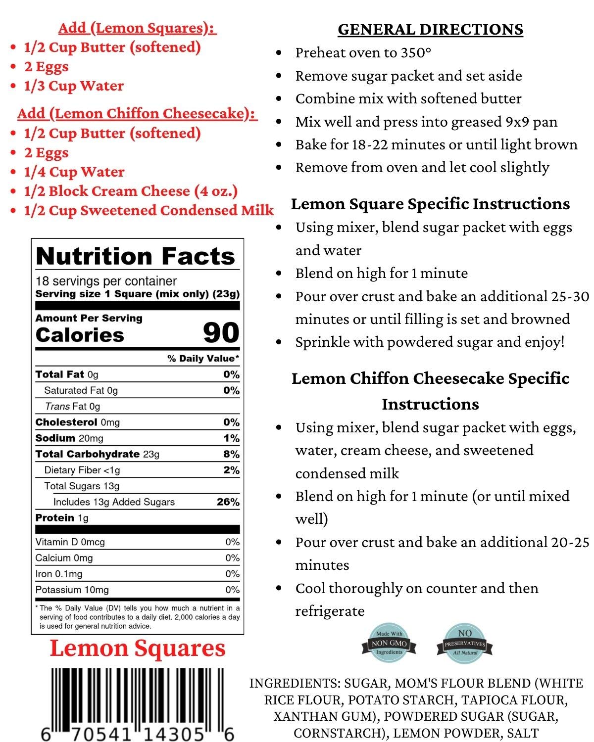 Moms Place Gluten-Free Luscious Lemon Squares Mix - 14.6 oz Pack - 18 Servings - Easy to Make Gluten Free Dessert