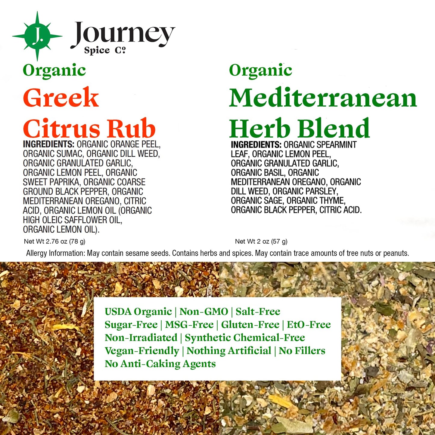 Gourmet Organic Greek Citrus Rub & Mediterranean Herb Blend Seasoning Gift Set By Journey Spice Co. | Salt-Free | No Msg | Greek