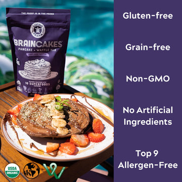 BrainCakes Superfood Organic Pancake & Waffle Mix Gluten Free | Memory, Focus & Stress Support | Just-Add-Water | By LIVING PRAN