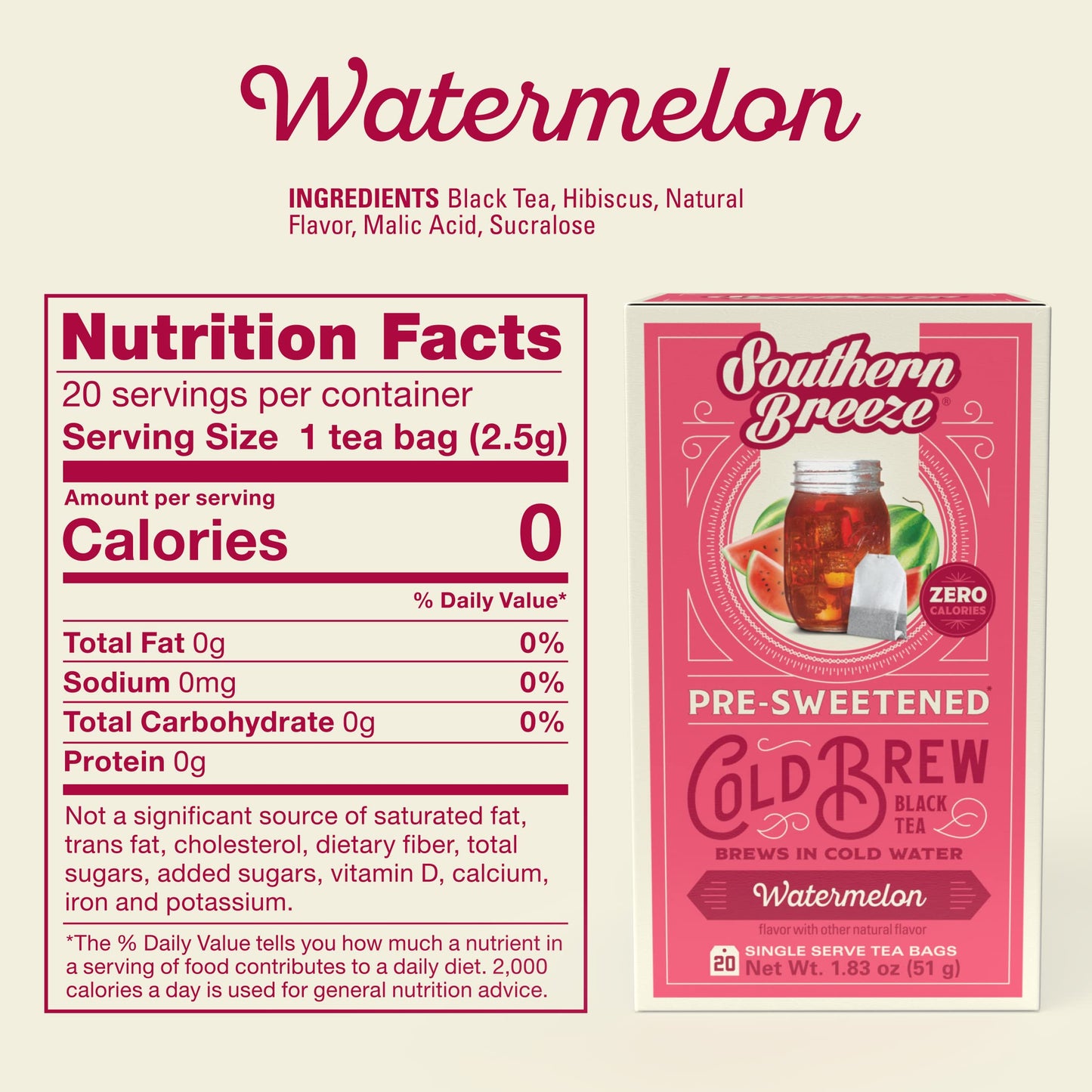 Southern Breeze Cold Brew Sweet Tea Watermelon Iced Tea With Black Tea And Zero Carbs Zero Sugar, 20 Individually Wrapped Tea Bags (Pack Of 2) Southern Sweet Tea Iced Tea Beverage