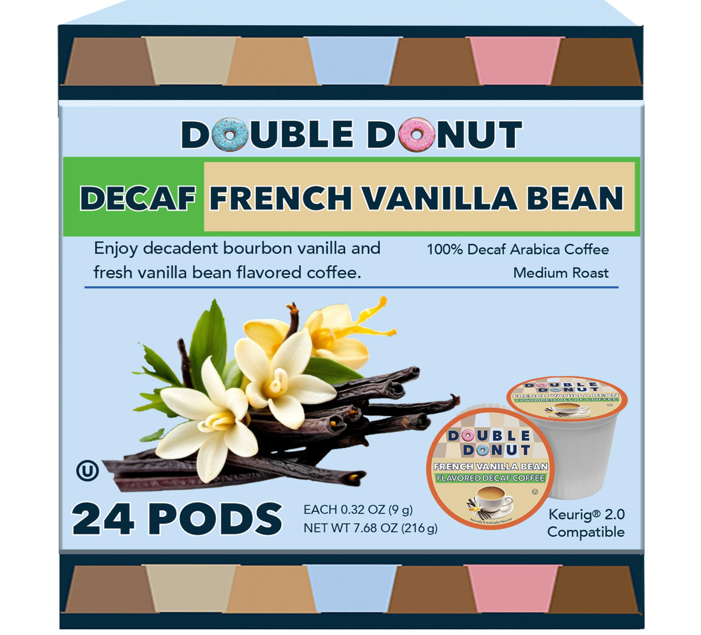 Double Donut Coffee Decaf French Vanilla Coffee Pods, Medium Roast, 24 Count, For Keurig K Cup Brewers