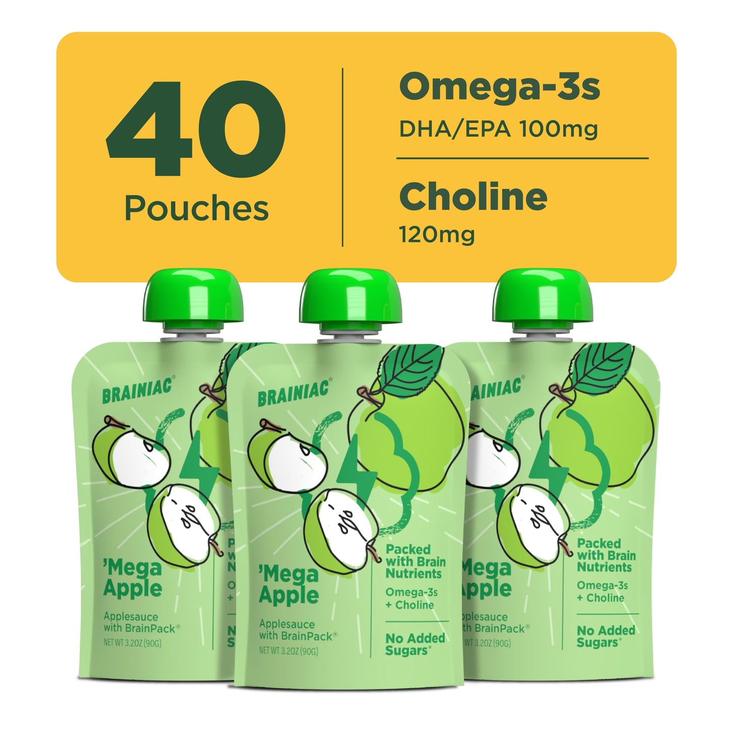 Brainiac Applesauce Mega Apple Pouches with Omega-3s, Unsweetened Applesauce with Vitamin C, Omega-3s and Choline, 40 Count, 3.2