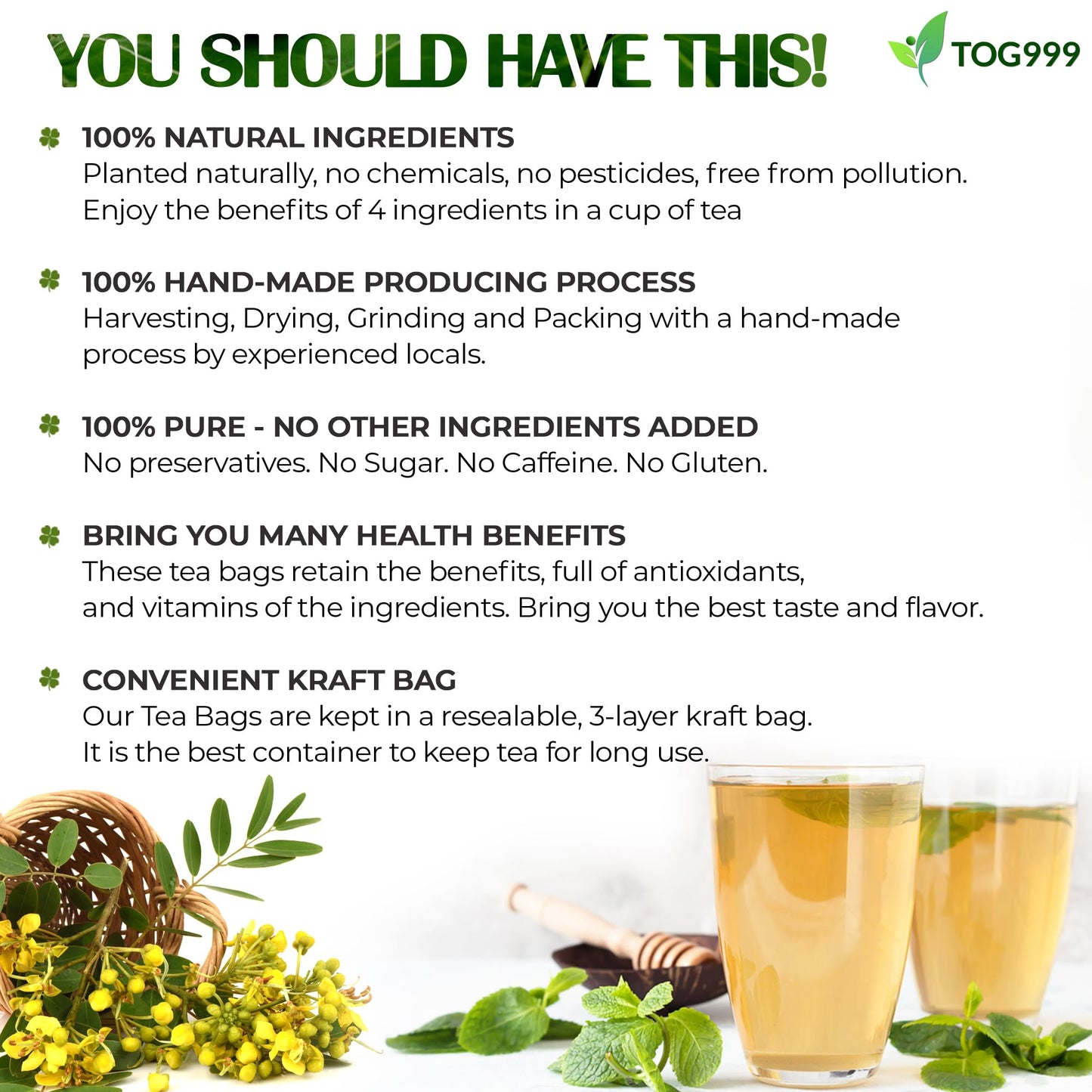 TOG999 Herbal Tea Bags - Natural Blend of Senna, Peppermint, Licorice, Fennel - 60 Bags, Vegan, No Sugar, No Caffeine, No Gluten