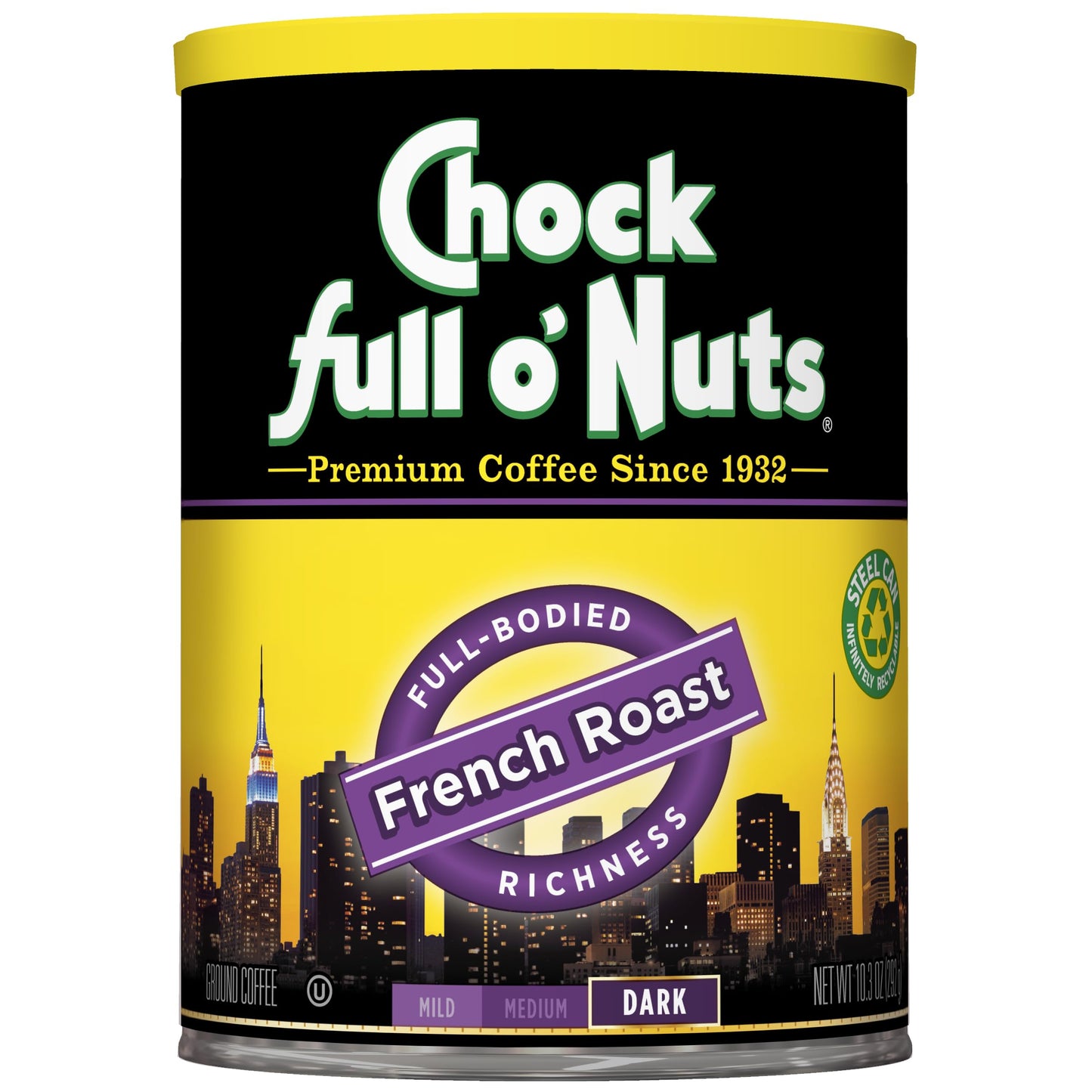 Chock Full O Nuts French Roast Ground Coffee  Medium-Dark Roast - Arabica Coffee Beans - Full-Boded  Rich  Bold Medium-Dark Blend With Distinct Parisian Flavor  10.3 Oz