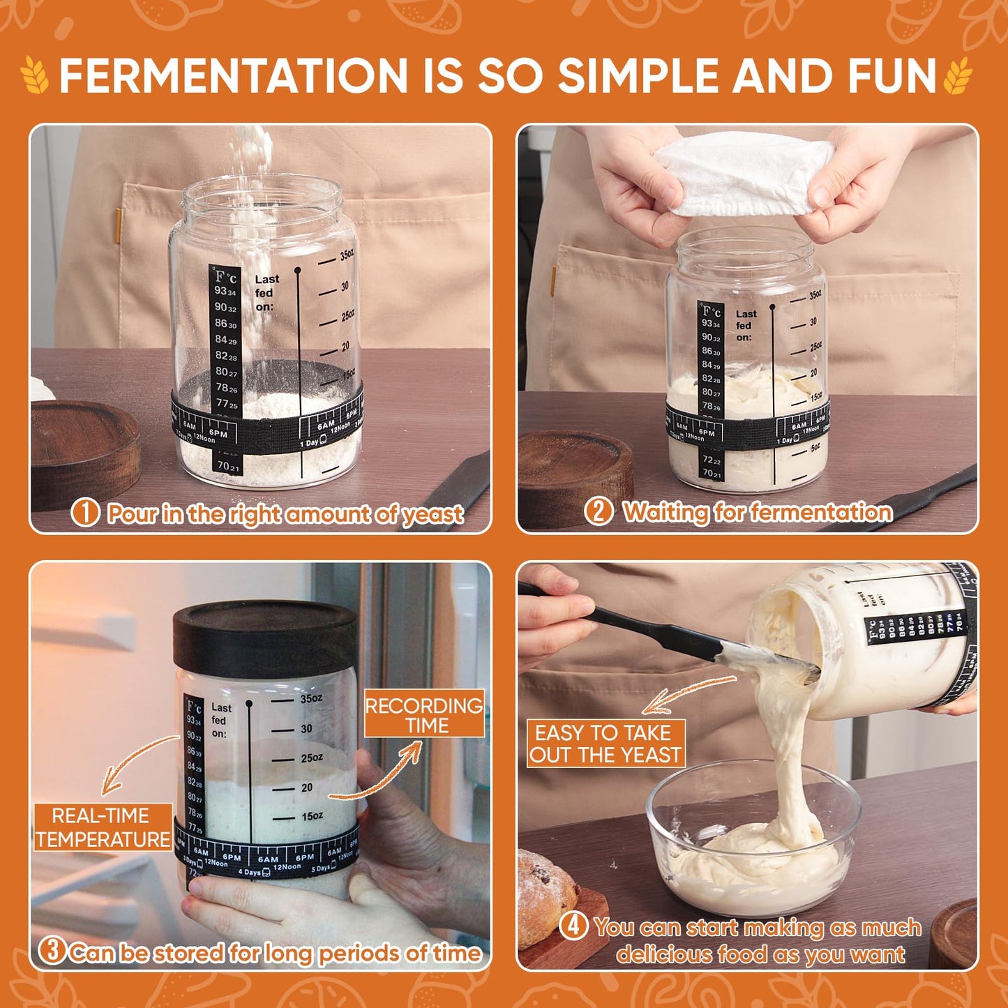 77L Sourdough Starter Kit - 35 oz Jar, Date Marker Band, Thermometer, Sc r, Cloth Cover, Acacia Wood Lid, 2 Pack