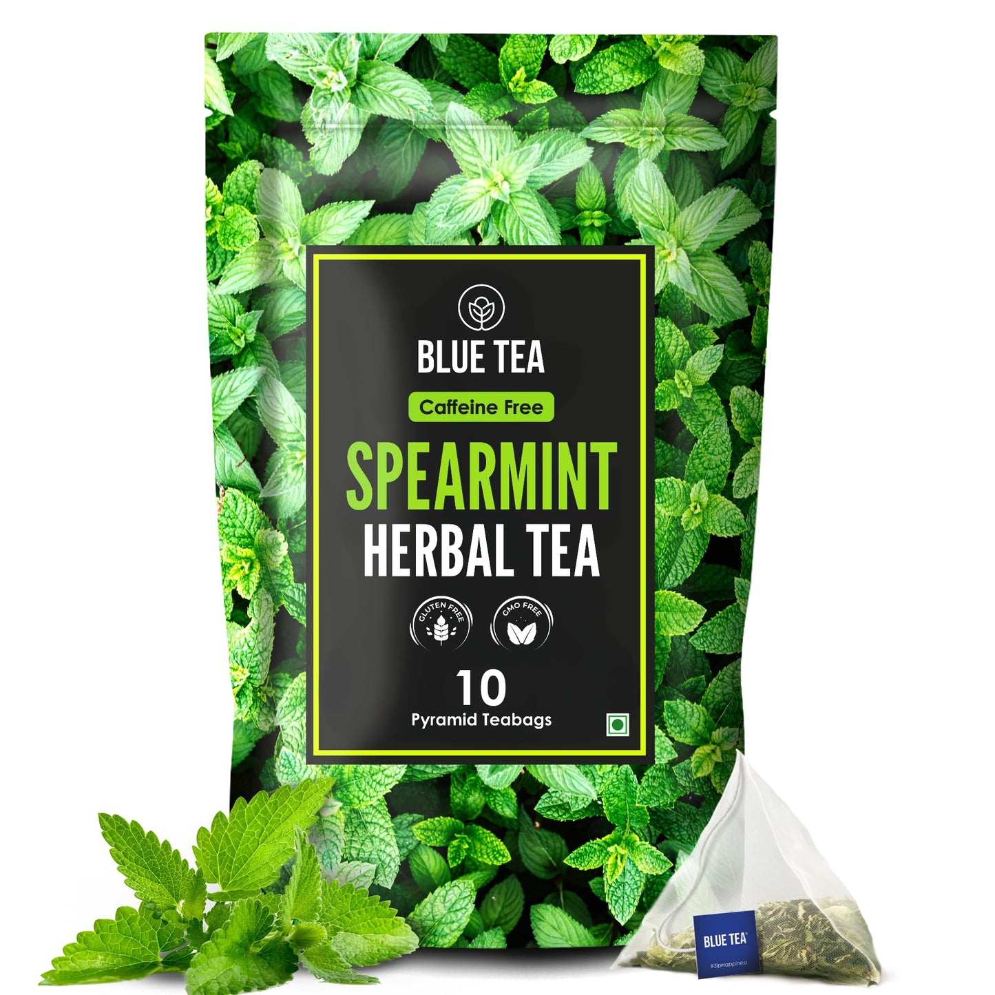 Blue Tea - Spearmint Tea - 10 Count - Plant Based Tea Bag | Pcos Relief | Balances Body Supports | Support Digestion | Refreshing Cool Minty Flavour - Herbal Tea - Leaf Based - Energy Blend Free - Non-Gmo | Ziplock Pouch