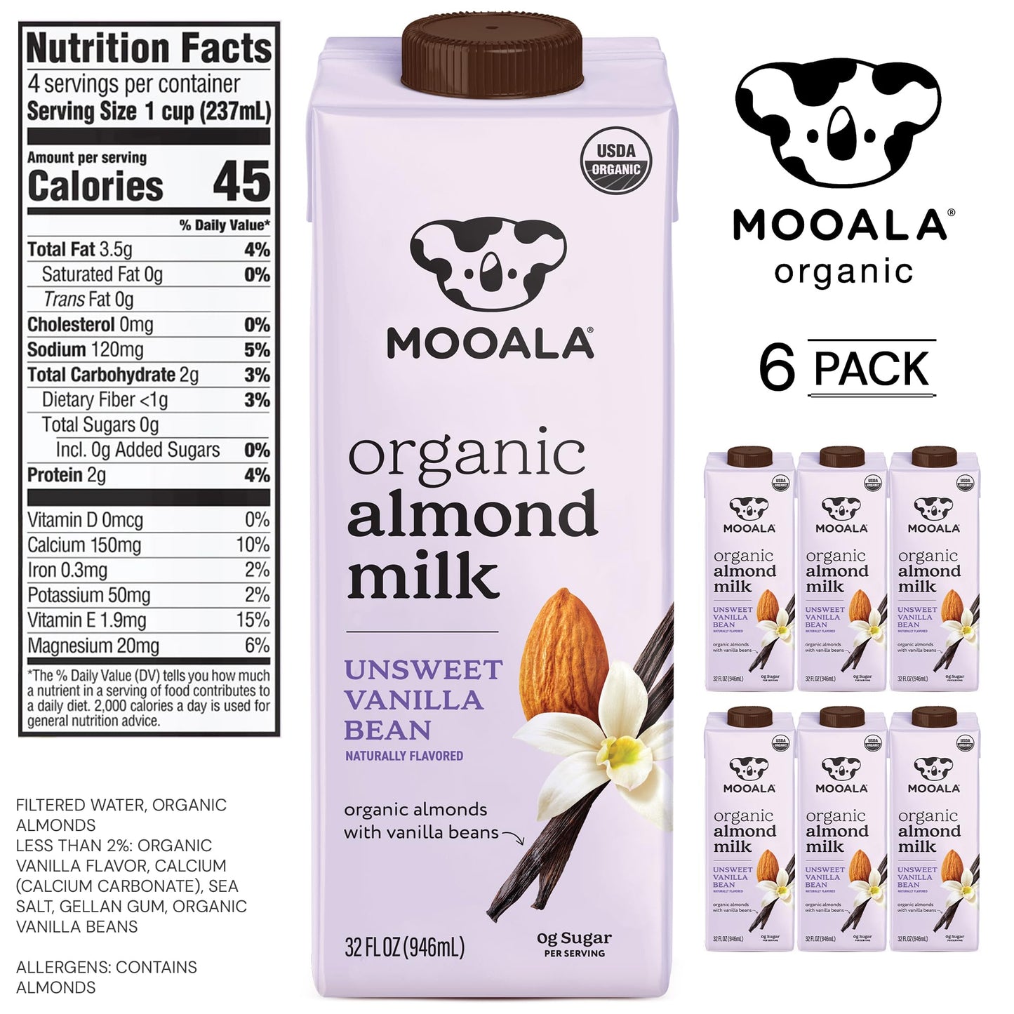 Mooala - Organic Vanilla Bean Almondmilk, Unsweetened, 32Oz (Pack Of 6) - Shelf-Stable, Non-Dairy, Gluten-Free, Vegan & Plant-Ba