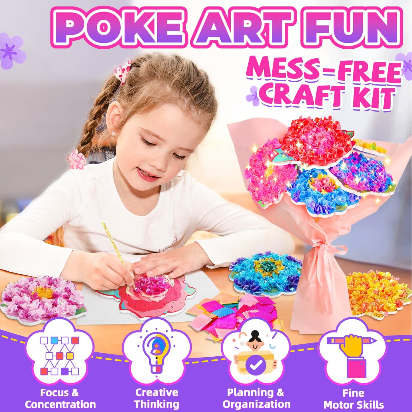 Vinkp Flower Bouquet Art Craft Kit, Arts And Crafts For Kids Ages 4-8, Poke Kit With With 6 Flowers & 6 Light Strings, Mess-Free For Girls & Boys, Craft Gift For Girls Ages 4, 5, 6, 7, 8+