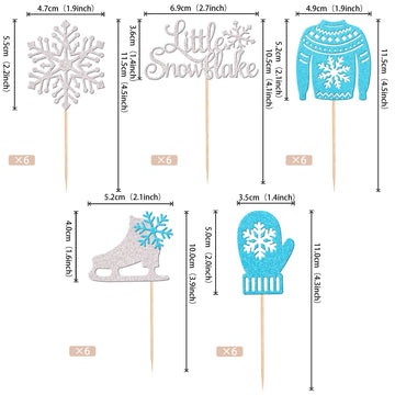 30 Pcs Snowflake Cupcake Toppers Glitter Skate Shoe Gloves Sweater Cupcake Picks For Snowflake Theme Winter Wonderland Baby Show