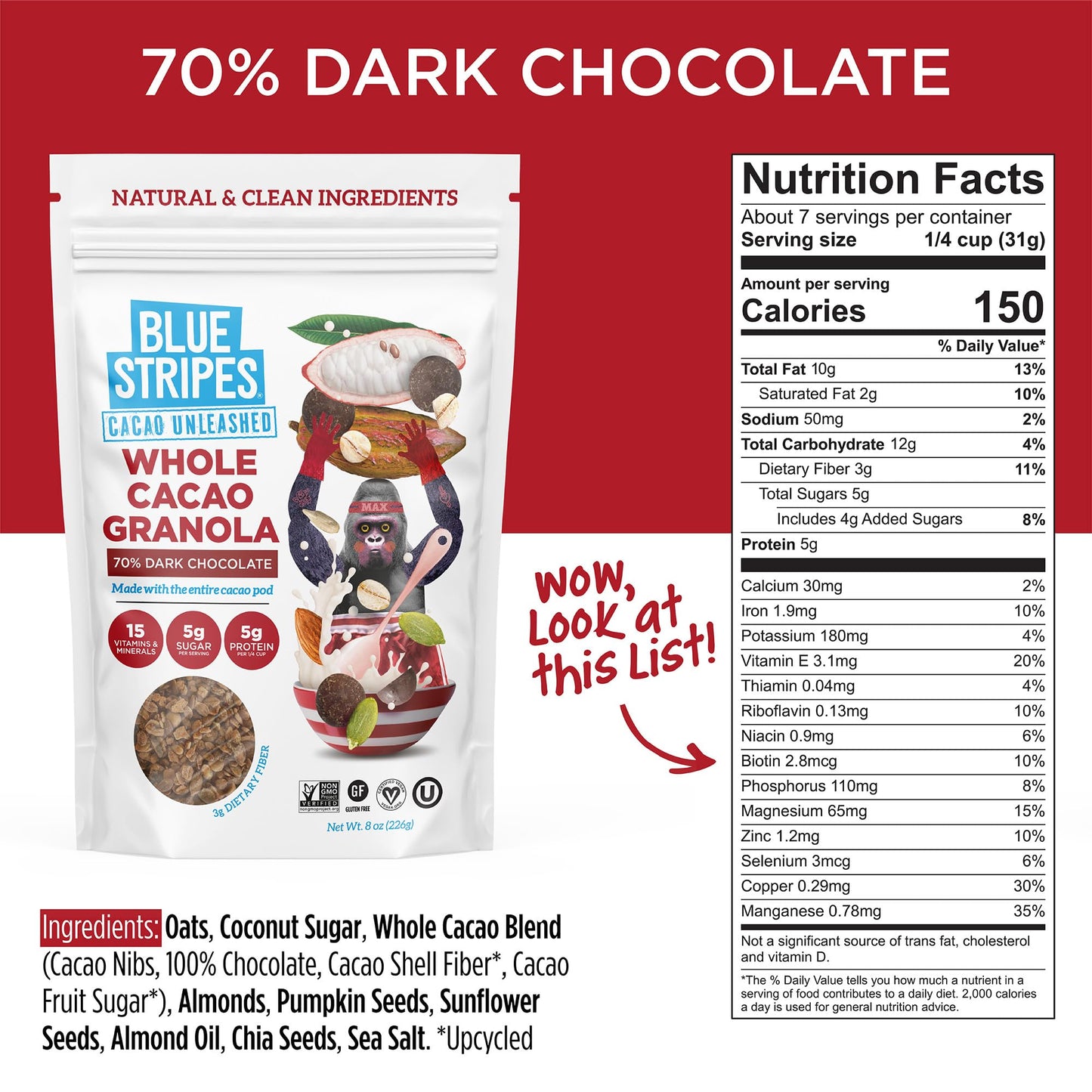 Blue Stripes Dark Chocolate Whole Cacao Granola, 8 Oz