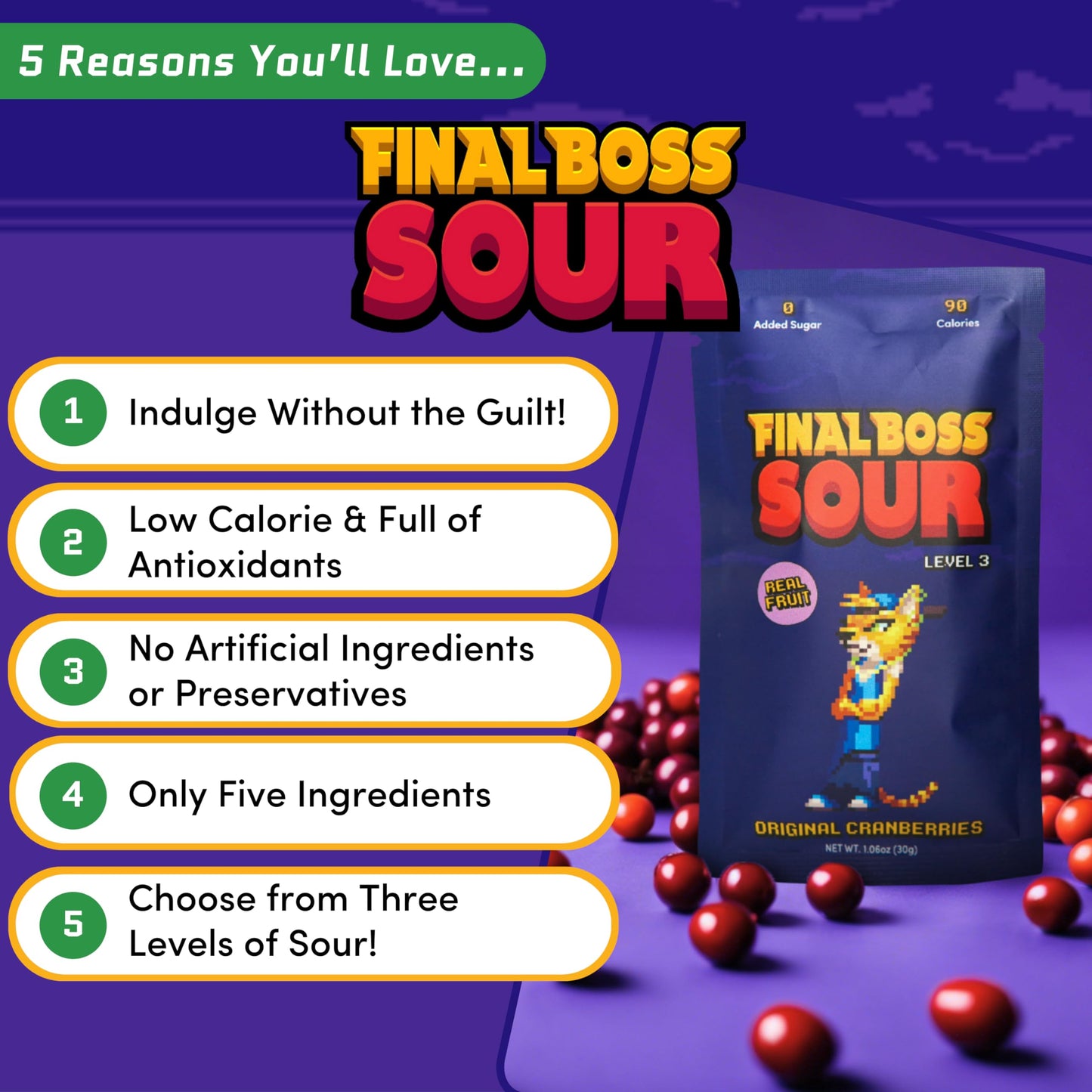 FINAL BOSS Sour Gummy Candy, Cranberry, Extremely Super Sour, 10 Bags, 1.06 oz Each, Low Calorie Snack