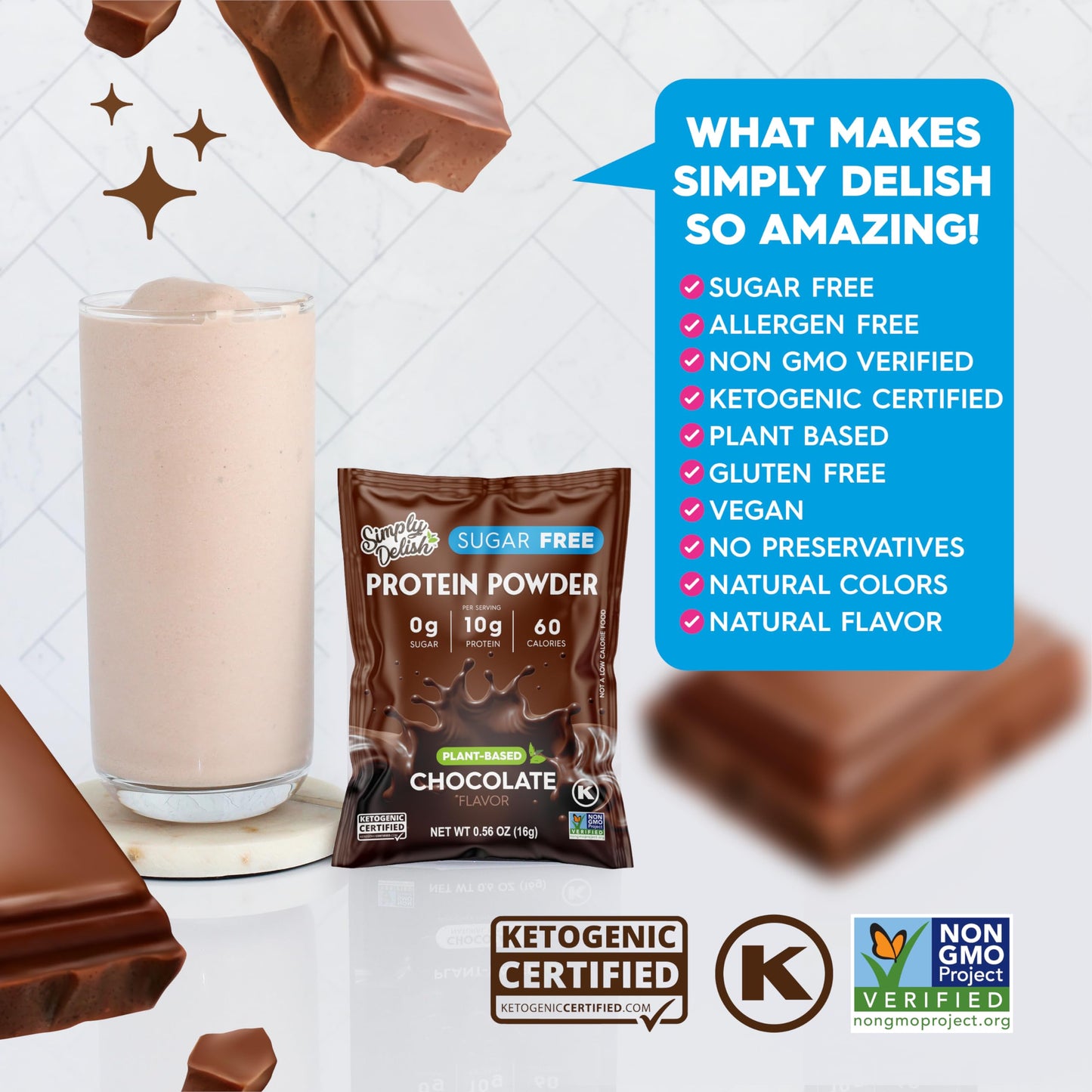 Simply Desserts Chocolate Protein Powder, Sugar-Free, 6-Pack - Plant-Based Protein Boost for Vegan Puddings, Baked Goods, Shakes