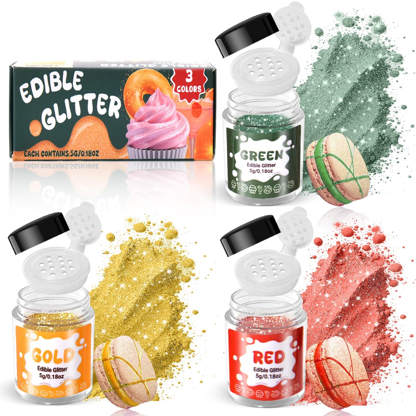 Egcina Edible Glitter Set - Luster Dust for Cakes & Drinks - 3 Colors (Red/Green/Gold) - 5g per Bottle