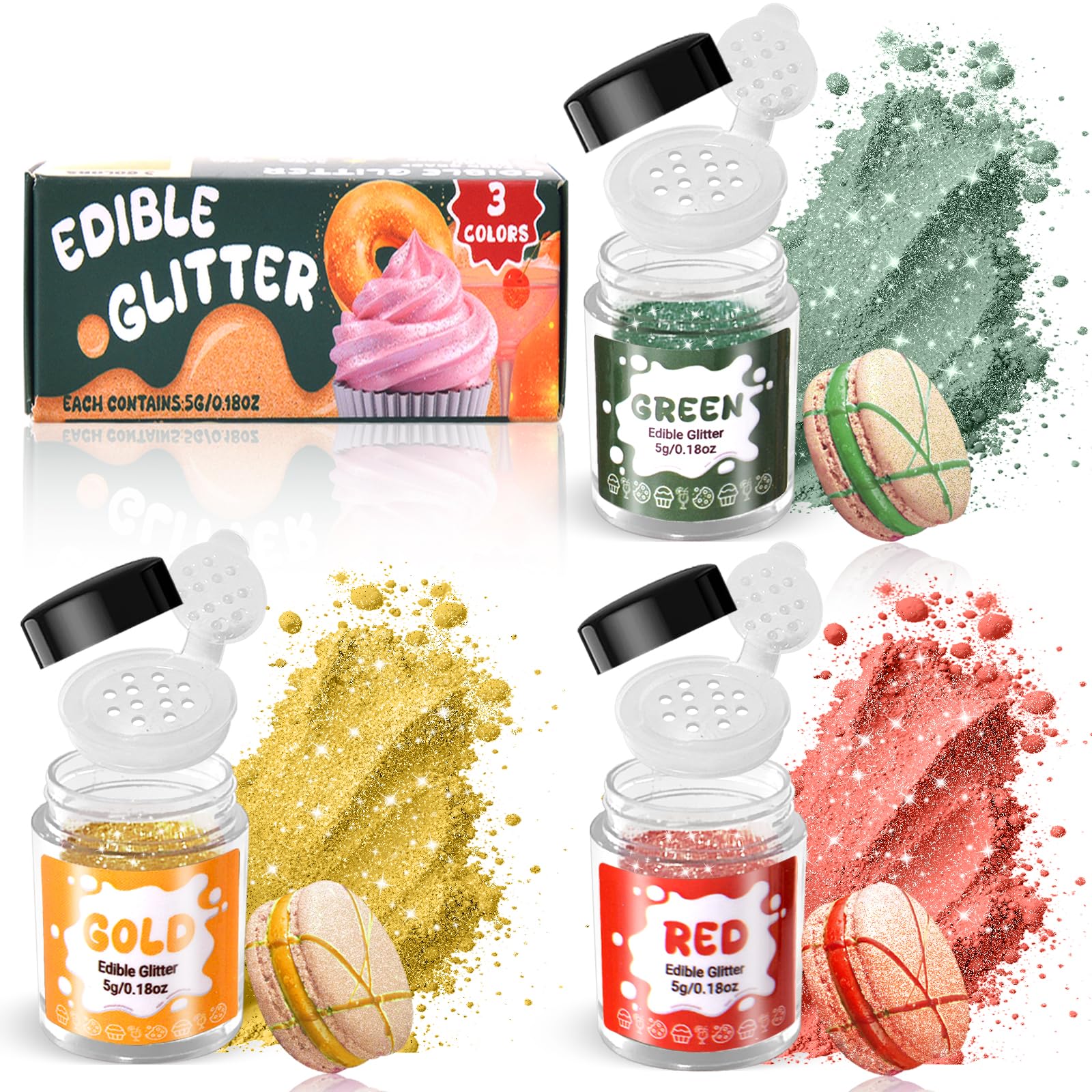 Egcina Edible Glitter Set - Luster Dust for Cakes & Drinks - 3 Colors (Red/Green/Gold) - 5g per Bottle