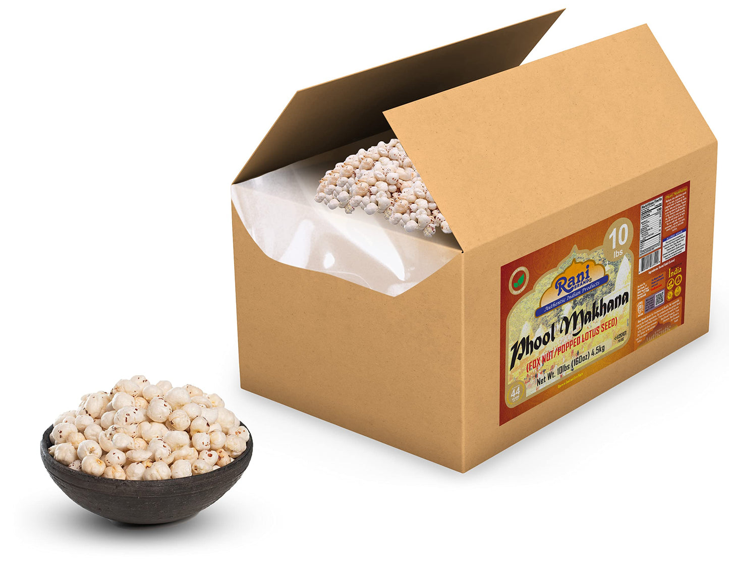 Rani Jumbo Phool Makhana Fox Nut, Plain Raw Uncooked, Vegan, 160oz (10lbs) Bulk Box, Non-GMO, Gluten Friendly, Indian Origin