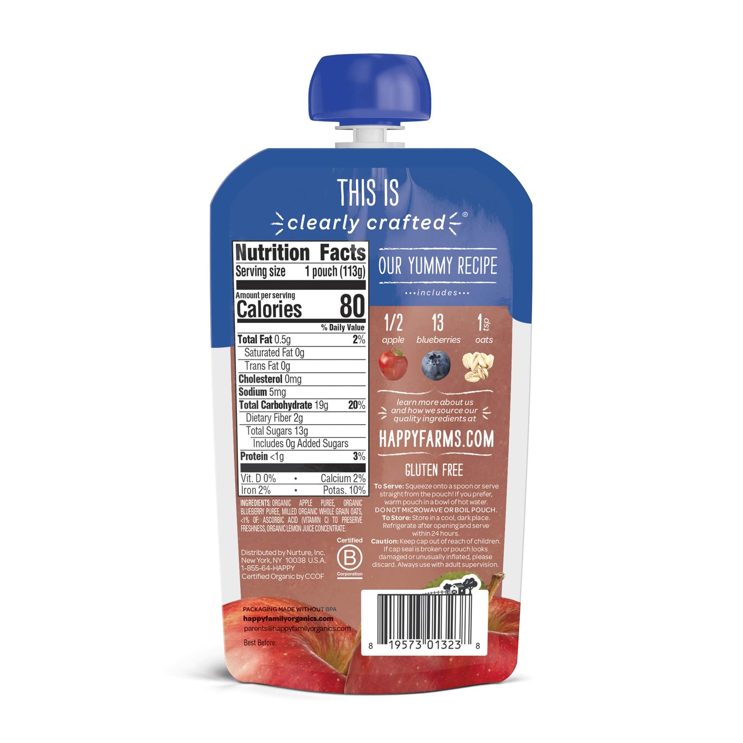Happy Baby Organic Baby Food, Apples, Blueberries & Oats, 4 Oz (Pack Of 4)