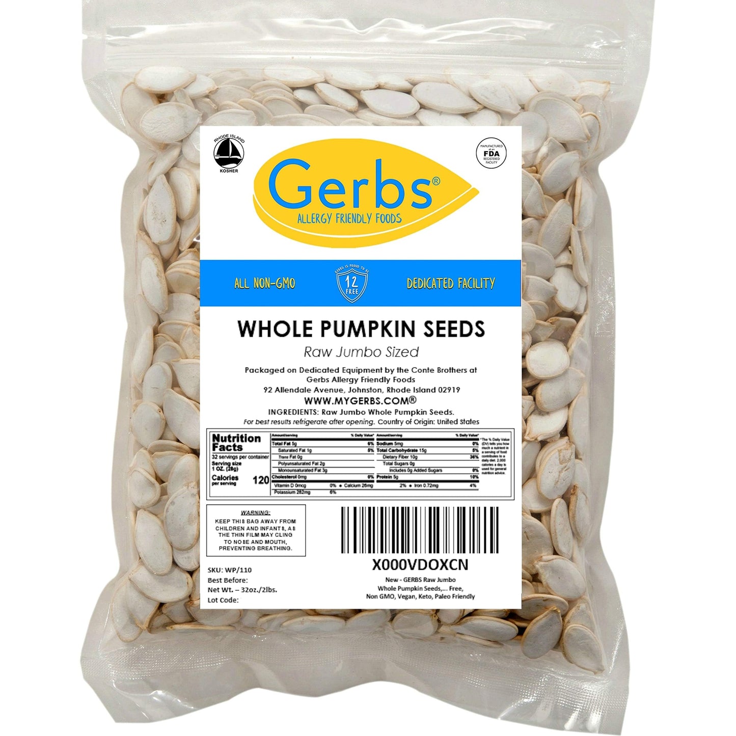 GERBS Jumbo Raw Pumpkin Seeds in Shell - 2 lbs - Non-GMO, Vegan, Kosher, Allergen-Free Pepitas