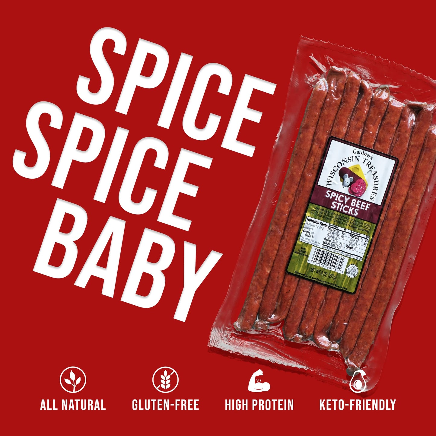 Gardners Wisconsin Cheese, Meat Sticks (1 Ounce Sticks, Pack of 8) - Spicy Beef Flavor, Low Carb Snack, Does Not Require Refrig