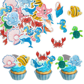 Gyufise 56Pcs Edible Ocean Animal Cupcake Toppers Sea Ocean Theme Birthday Cake Decorations Turtles Octopus Seahorse Cupcake Pic