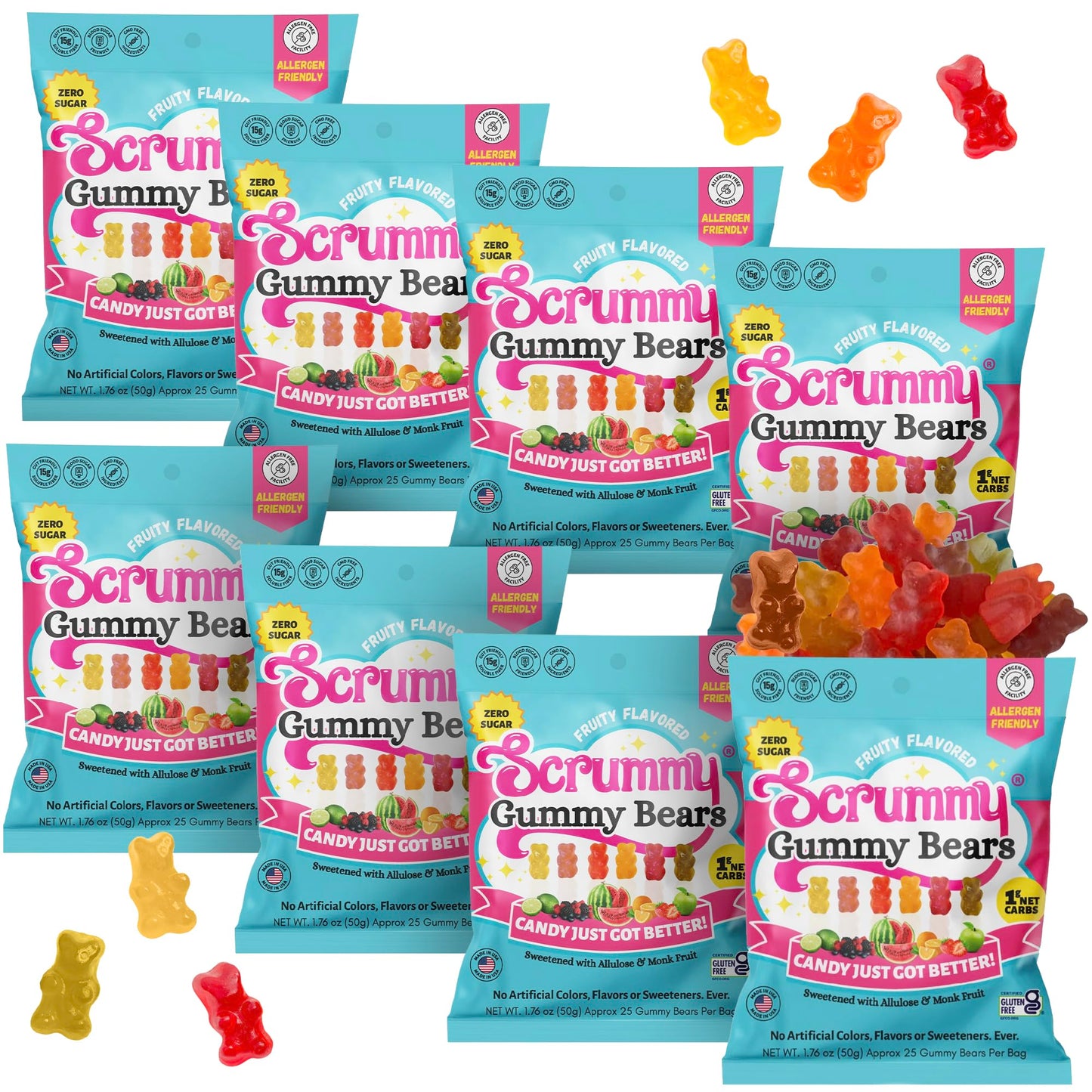 Scrummy Sugar Free Gummy Bears - 8 Bags, 1.8 Oz Each, Gluten-Free, Keto-Friendly, No Artificial Colors or Flavors