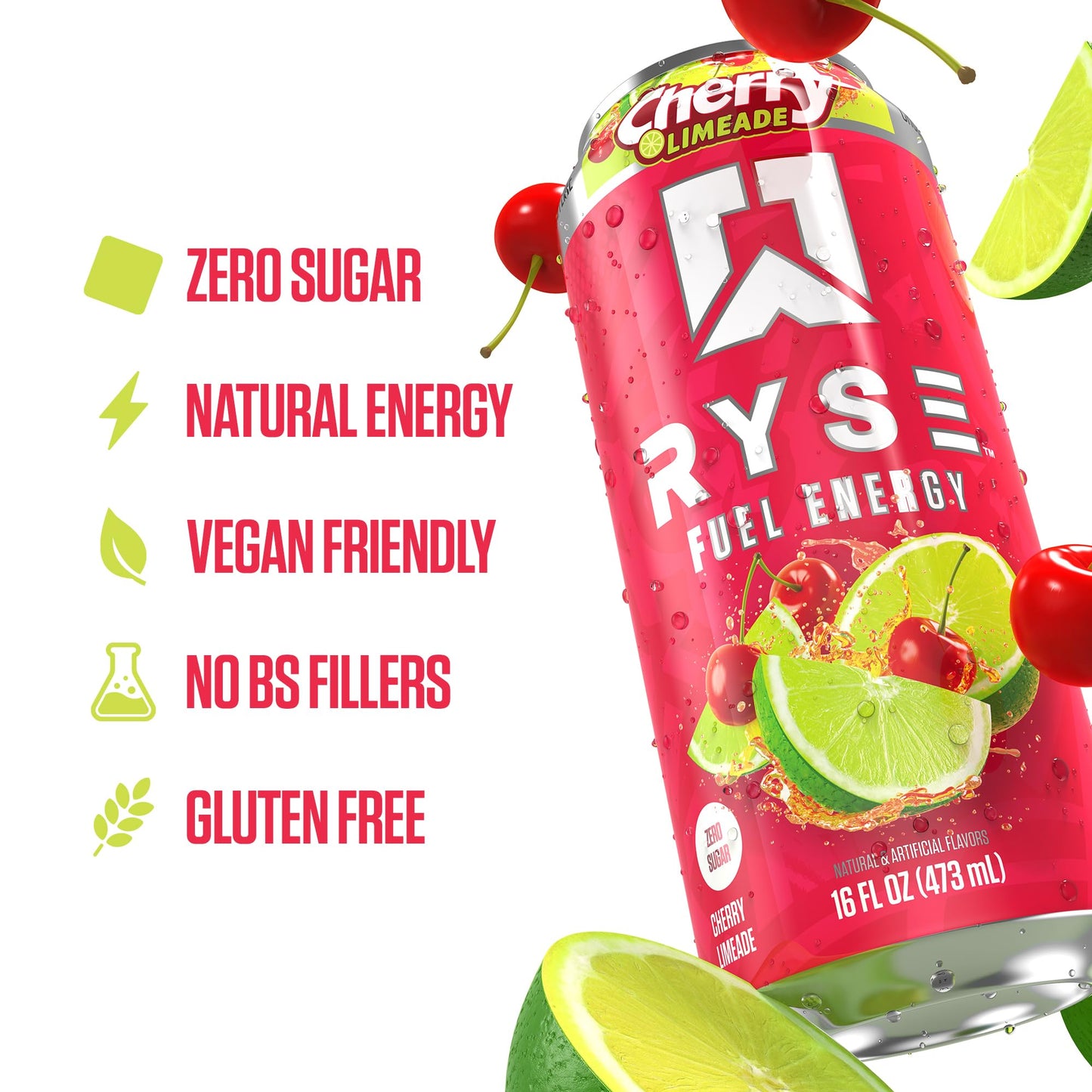 RYSE Fuel Energy Drink - Cherry Limeade - Sugar Free, Vegan - 200mg Caffeine - 16 fl oz Cans (12-Pack)