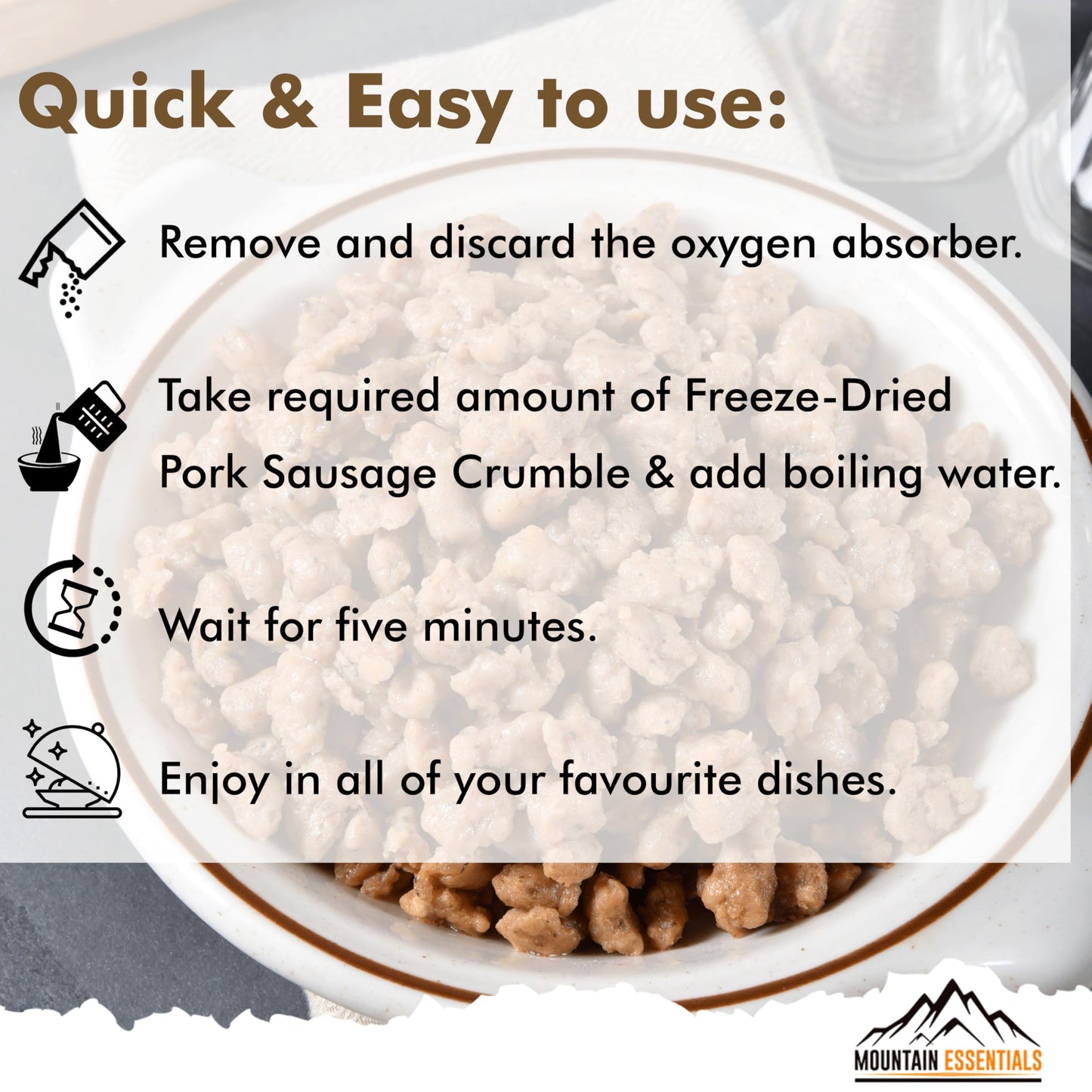 Mountain Essentials Freeze-Dried Pork Sausage Crumble – Fully Cooked & Ready To Eat | Traditional Flavor | Enhanced Quality Everyday Meals, Camping & Emergency Survival Food | 10 Servings | Made In Usa | 7-Year Shelf Life