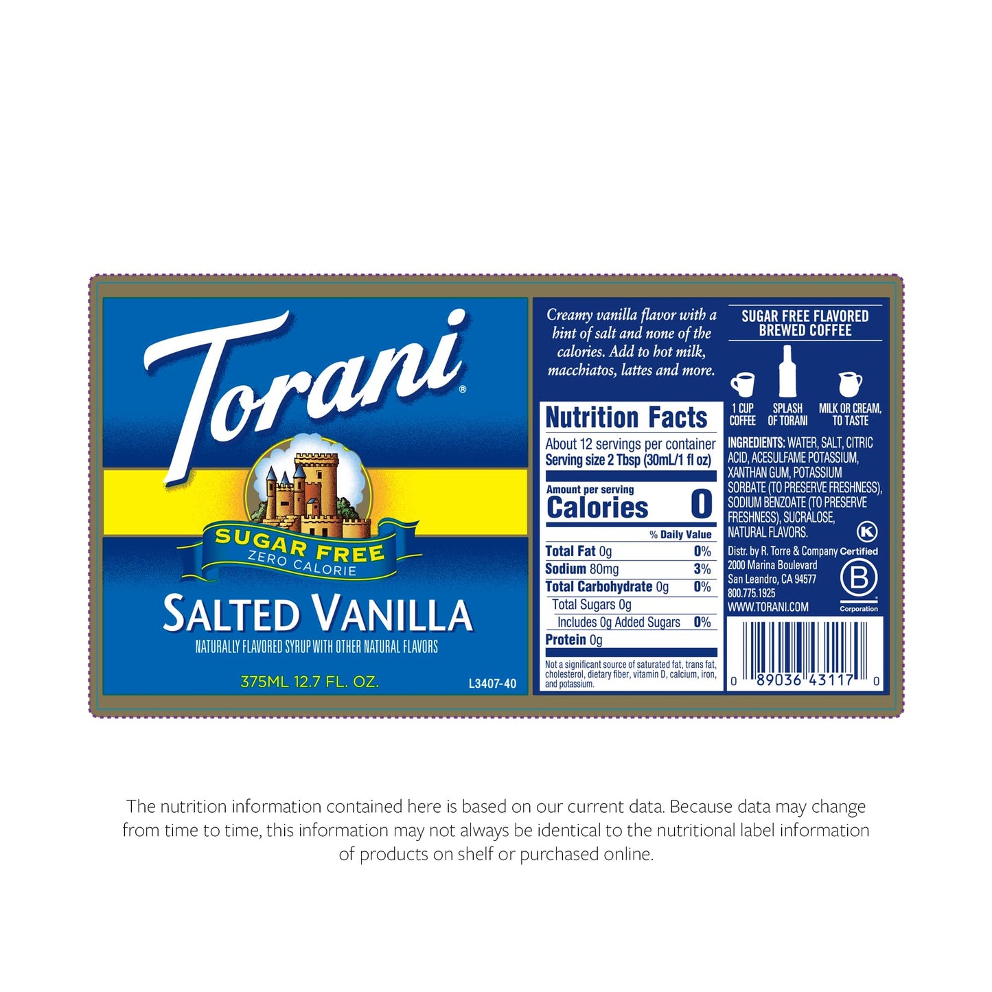 Torani Salted Vanilla Syrup, Sugar Free, Kosher, 12.7 Fluid Ounce (Pack of 4)