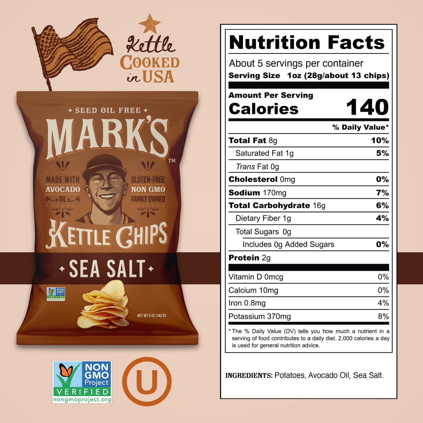 MARKS Kettle Cooked Avocado Oil Potato Chips  Sea Salt - Seed Oil & GMO Free | Sea Salt  5 oz (Pack of 3) | Gluten Free  Non-GMO Chips for Clean & Healthy Snacking