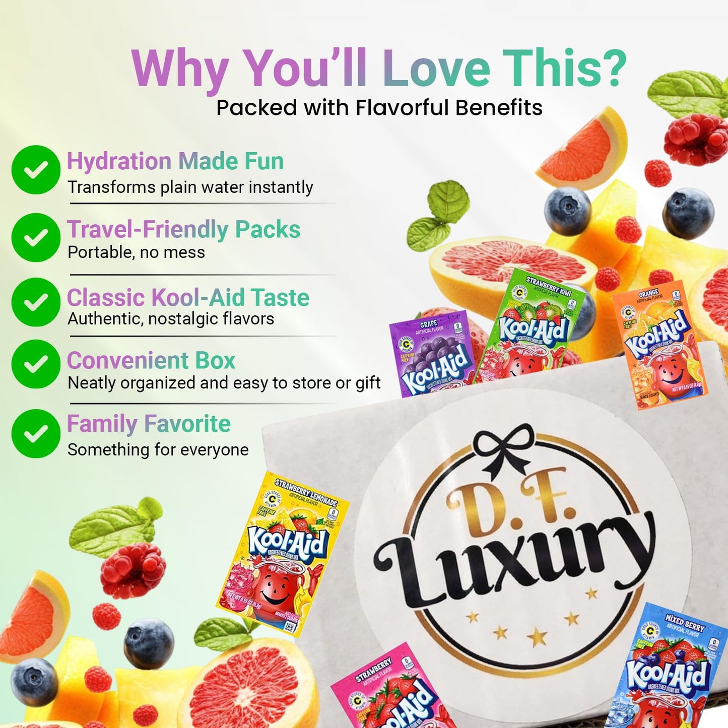 D.F. LUXURY Kool Aid Packets Ultimate Variety - 18 Flavors, 36 Packets, Includes Cherry, Grape, Lemonade, Strawberry & More