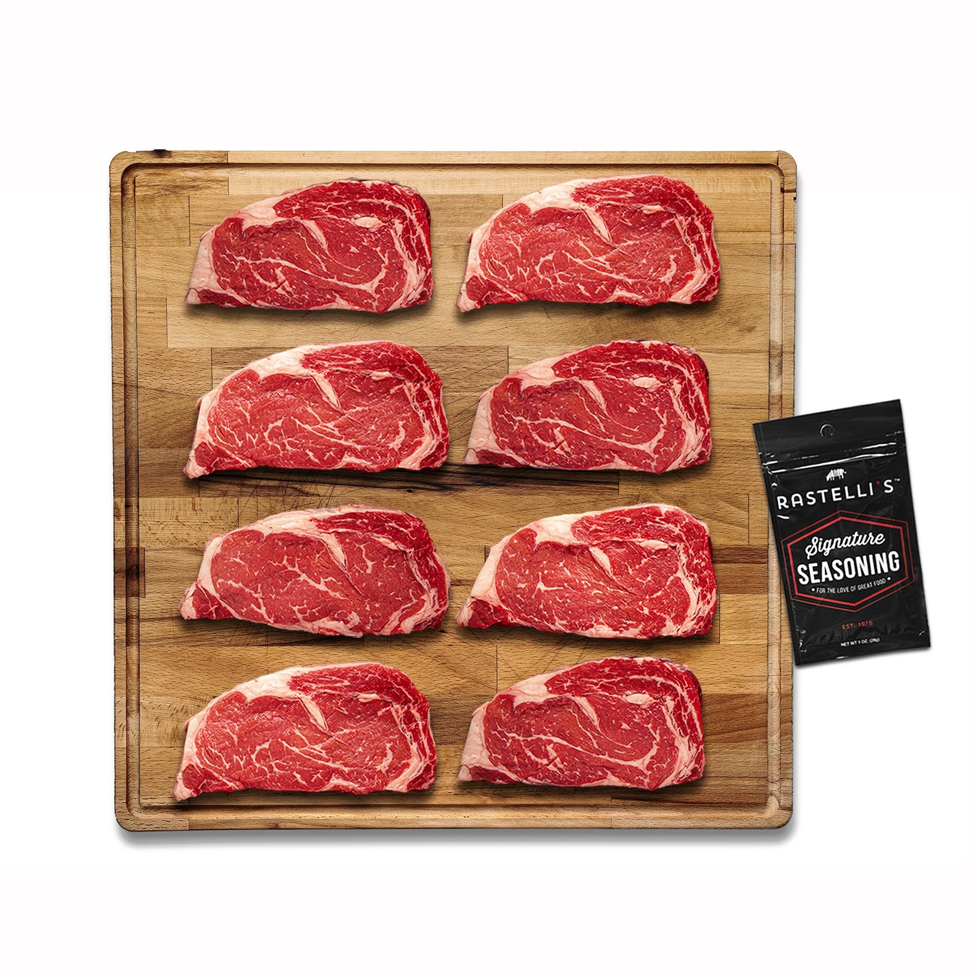 Rastellis Black Angus Beef Ribeye Steaks, 9 oz Portions, 8 Count, Total 4.5 lbs