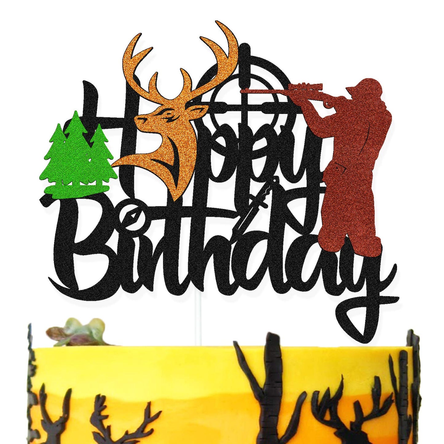 Ohiviaaa Deer Hunting Cake Topper Gone Hunting Hunter Camping Themed For Kids Boy Girl Men Happy Birthday Party Supplies Black G
