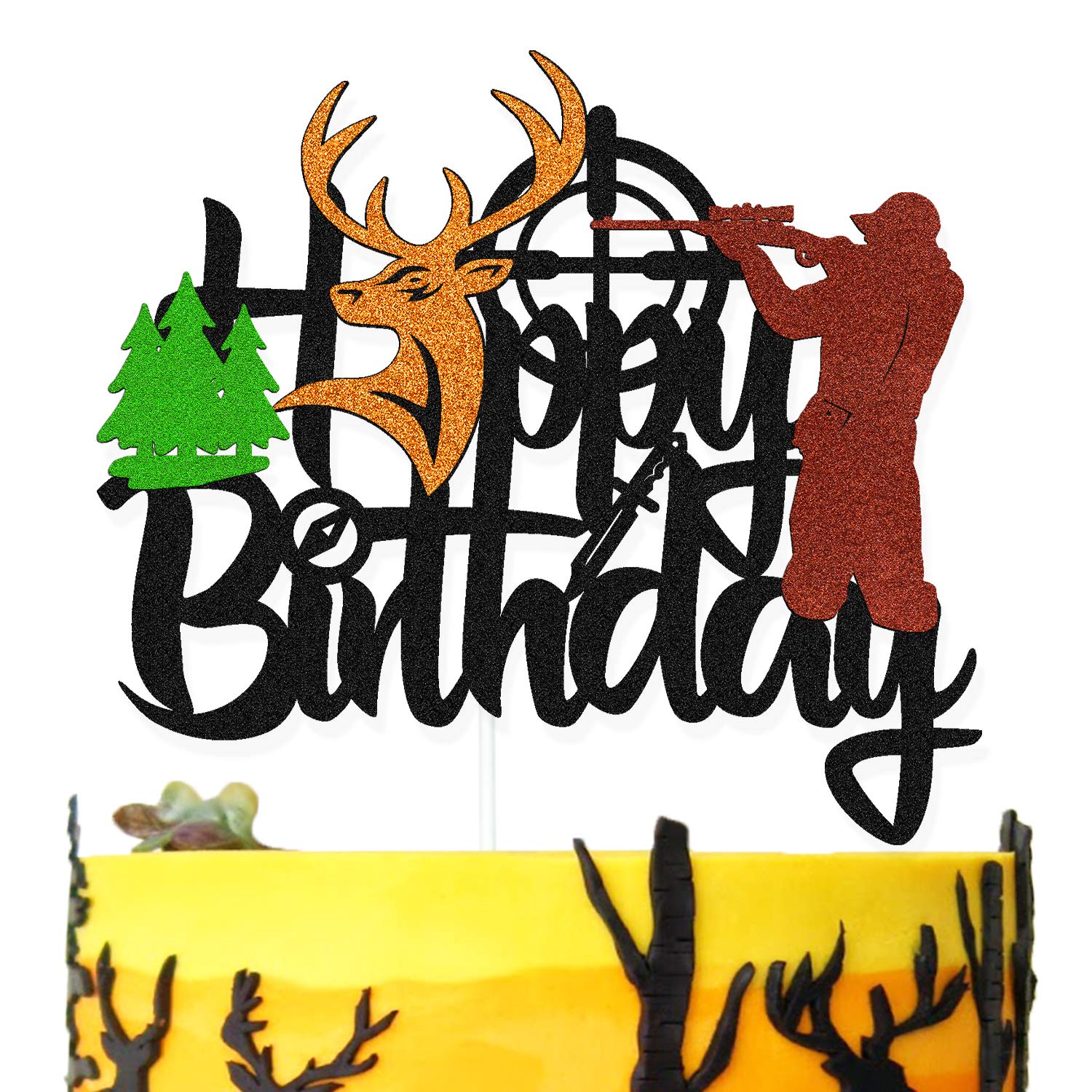 Ohiviaaa Deer Hunting Cake Topper Gone Hunting Hunter Camping Themed For Kids Boy Girl Men Happy Birthday Party Supplies Black G