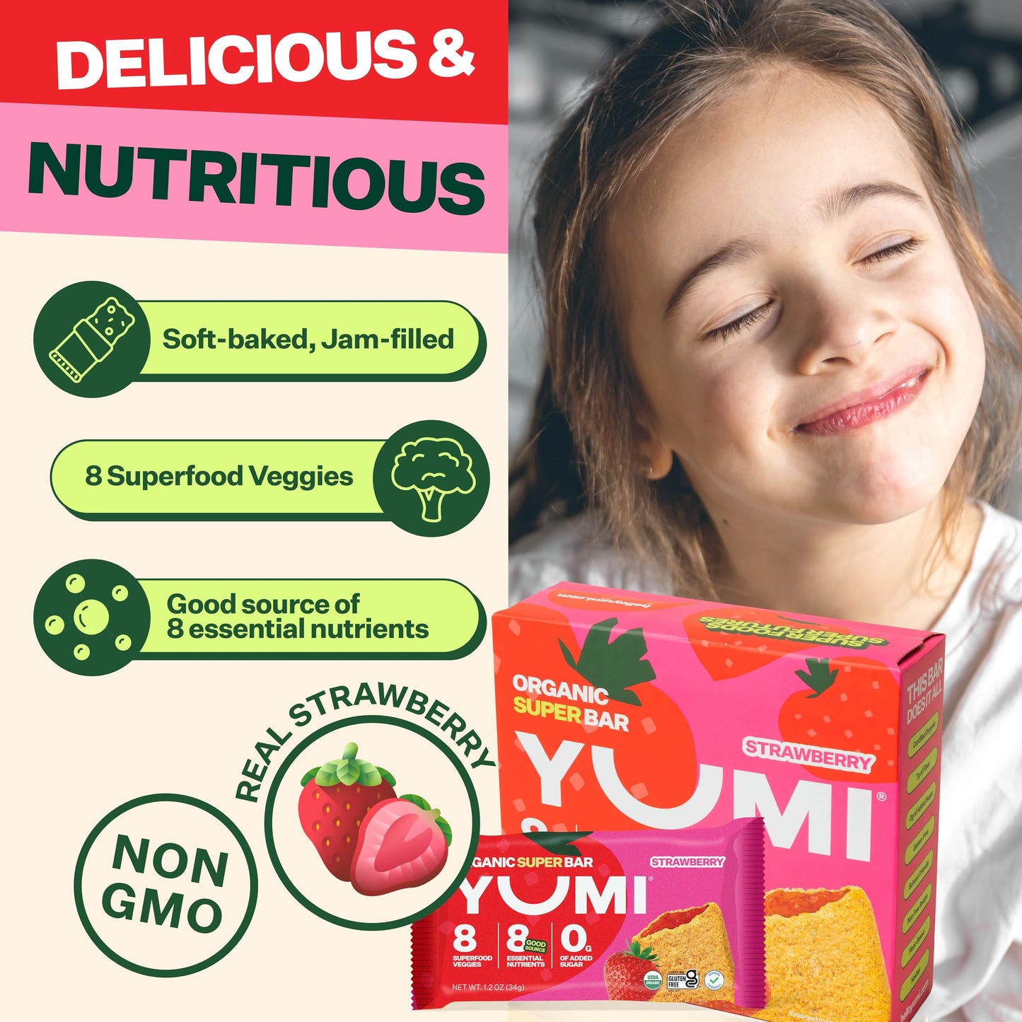 Yumi Organic Breakfast Superbar, Gluten-Free, No Added Sugar, 7+ Vegetables, Soft-Baked Crust, Healthy Snack Bars For Kids, School Safe, Healthy Alternative To Granola Bars Or Cereal Bars, Strawberry (30Ct)
