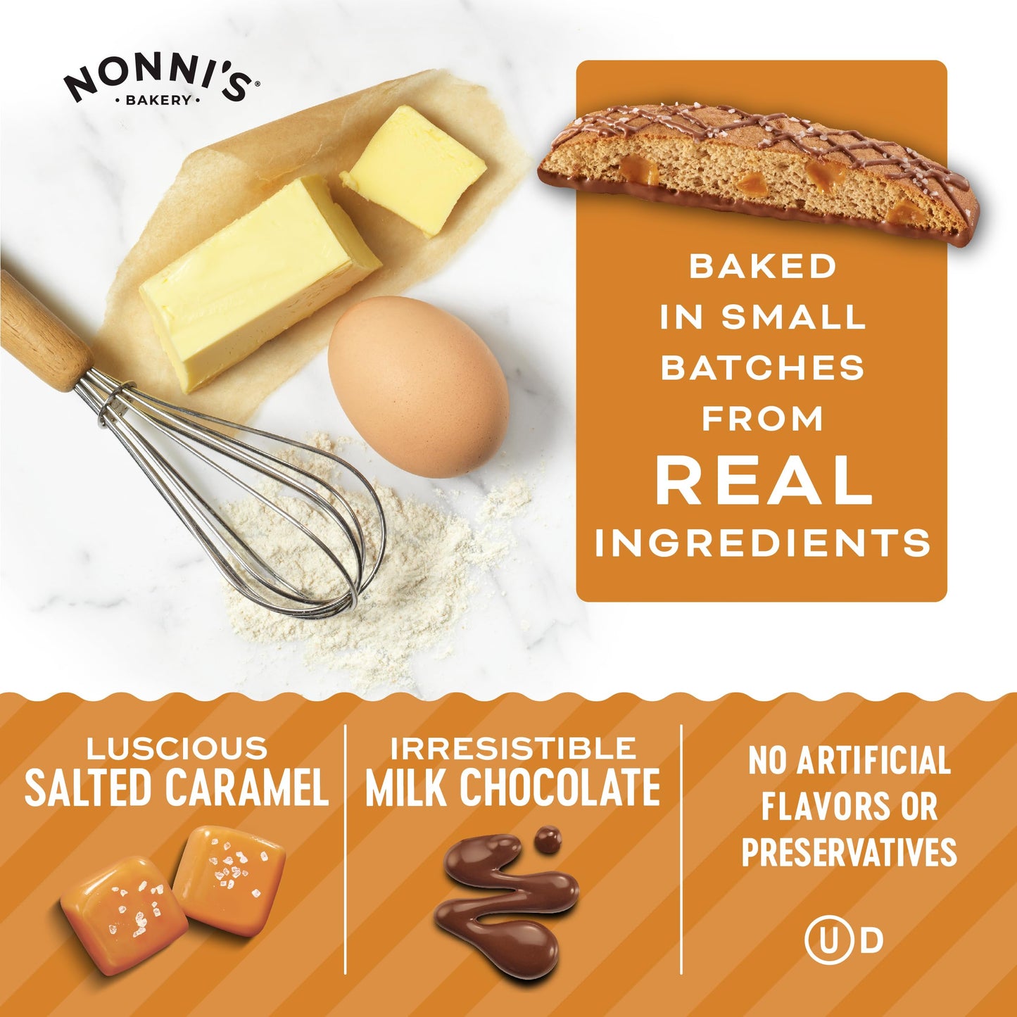 Nonnis Salted Caramel Biscotti Cookies - Individually Wrapped - 6.72 oz - Kosher - Rich Milk Chocolate & Sea Salt