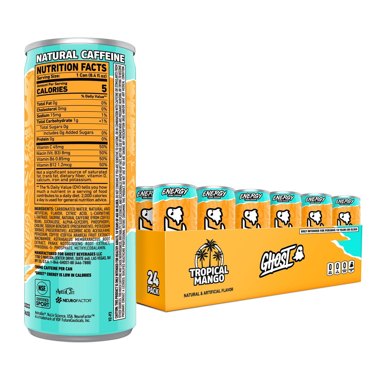 GHOST Energy Drink - Tropical Mango - 24-Pack, 8.4oz, Gluten-Free, Vegan, 100mg Caffeine