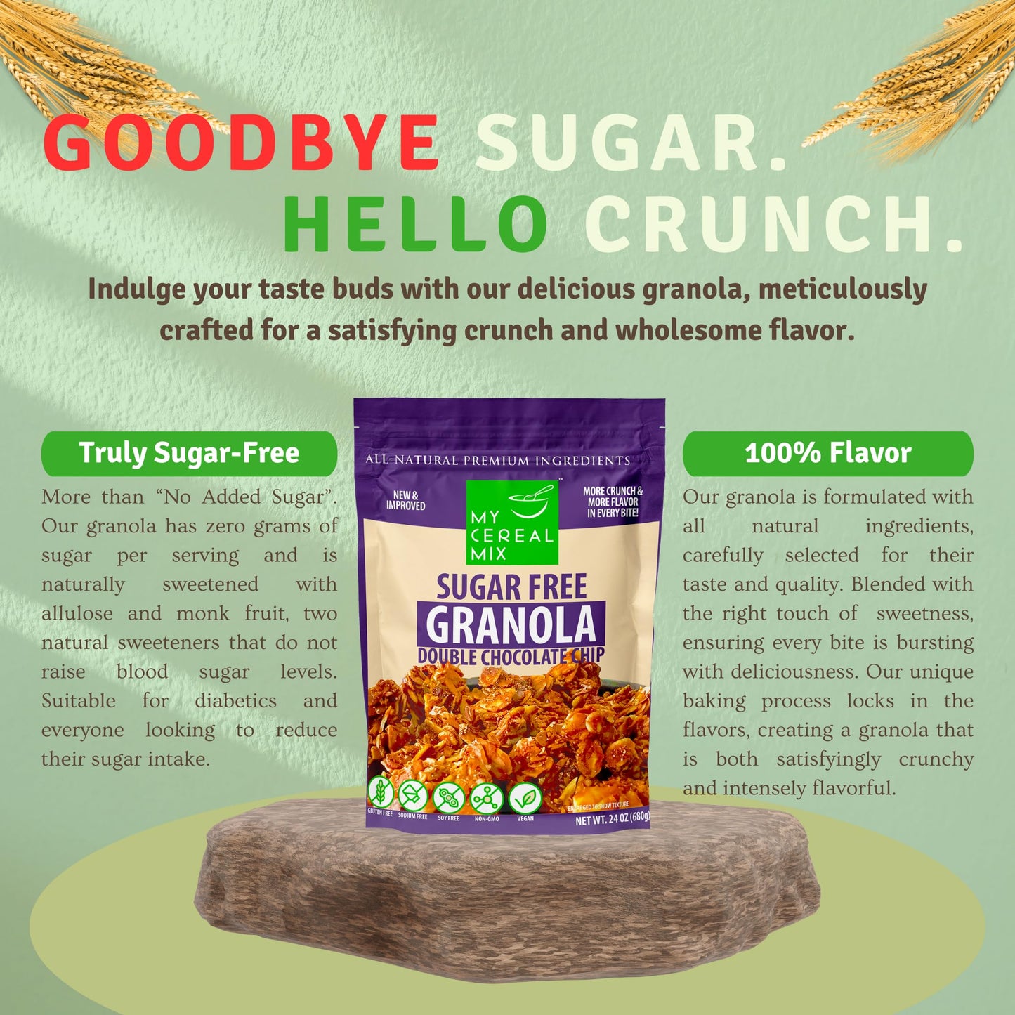 Mycerealmix Sugar Free Double Chocolate Chip Granola - Vegan, Gluten Free Cereal - Monk Fruit & Allulose Sweetened - Diabetic Fr