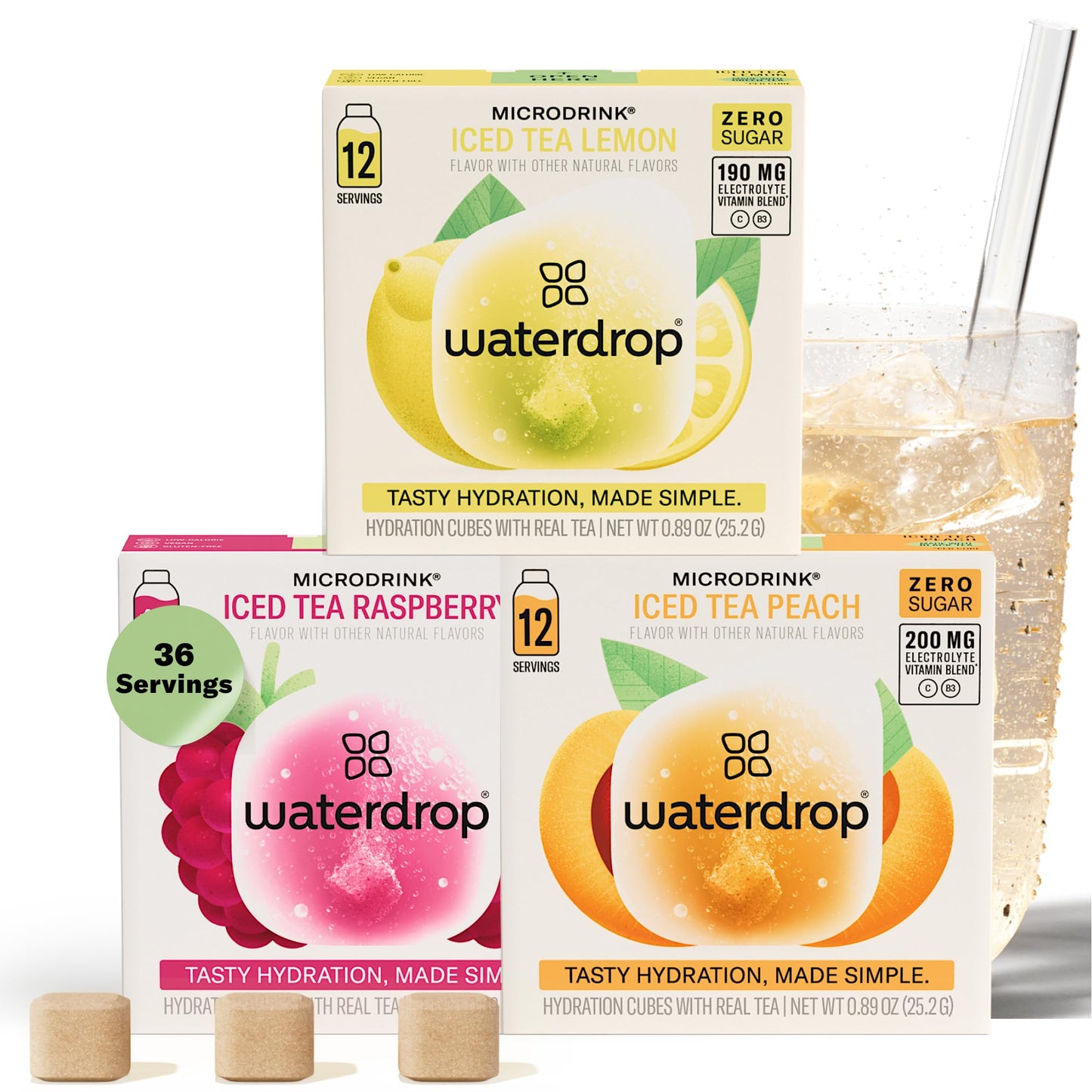 Waterdrop Hydration Cubes Iced Tea Variety Pack, Raspberry, Peach & Lemon, On the Go Water Enhancer with Vitamins & Electrolytes