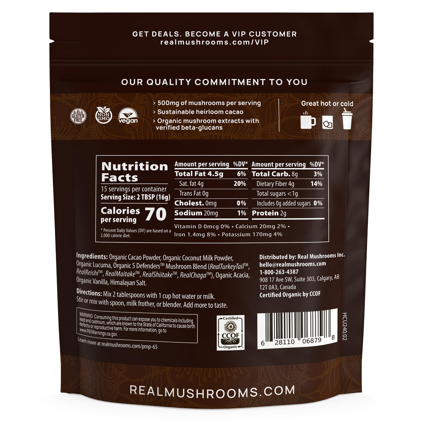 Real Mushrooms Organic Hot Chocolate Mix with 5 Mushroom Defenders, 8.4 Ounce, Vegan, Model 2334-RM-HCU240