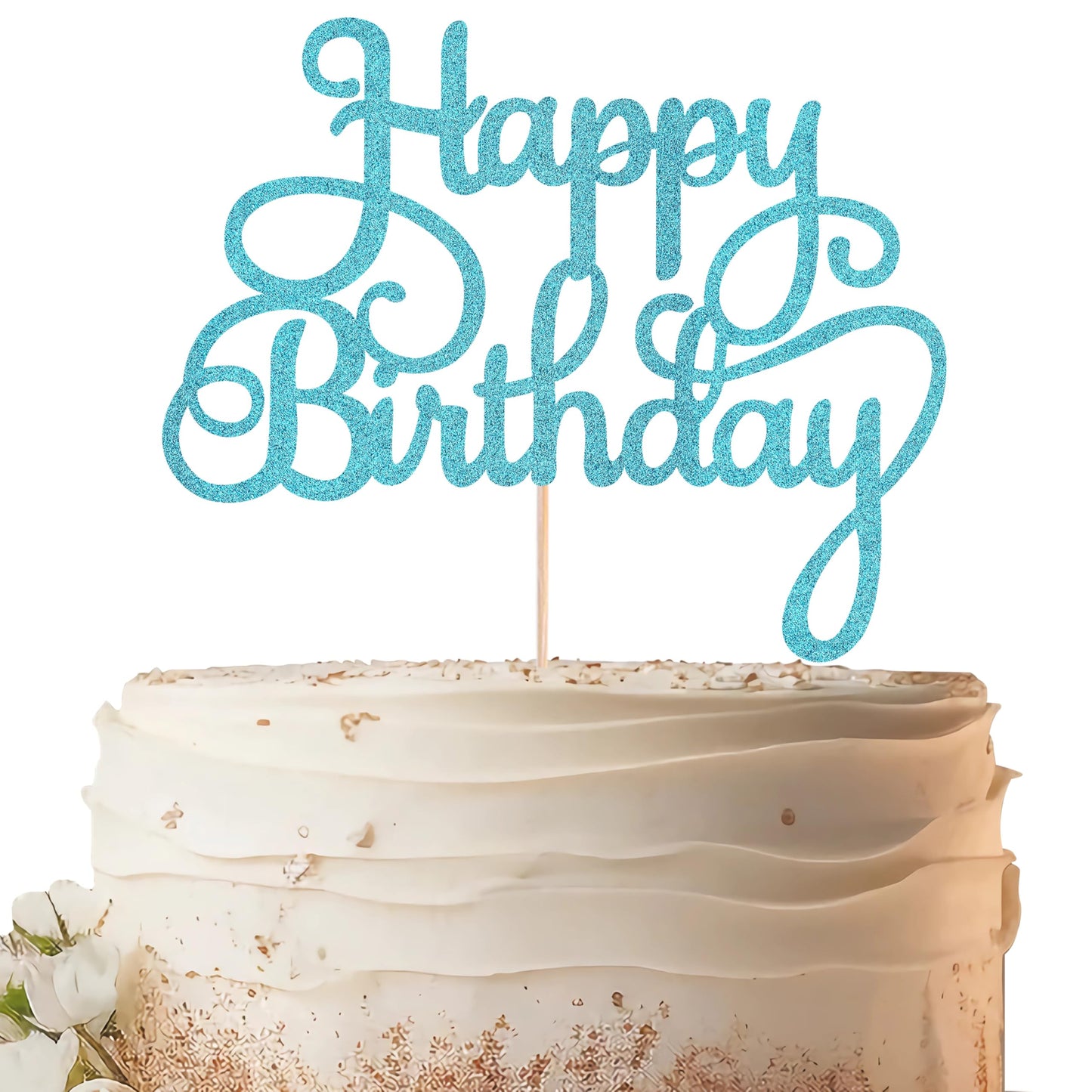 EONNCNT Happy Birthday Cake Topper - Sky Blue Glitter, Paper Material, Model MOUCCT-HB, Party Decoration Supplies