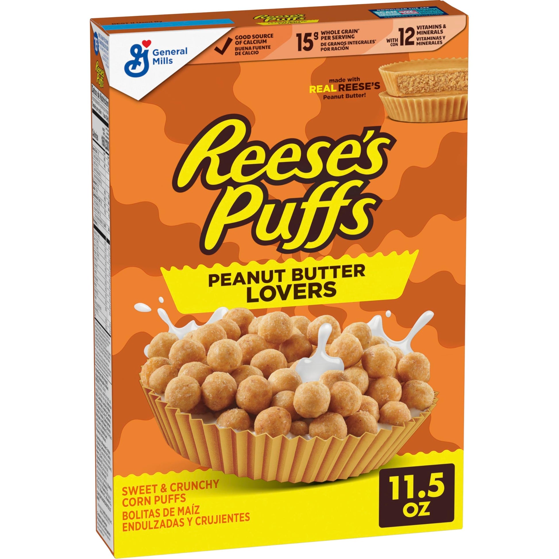 REESES PUFFS Peanut Butter Lovers Breakfast Cereal, Made with Whole Grain and Real REESES Peanut Butter, 11.5 oz
