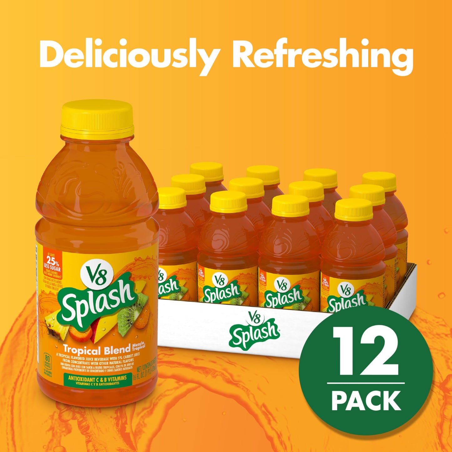 V8 Splash Tropical Blend Juice Beverage, 16 fl oz Bottle, Pack of 12