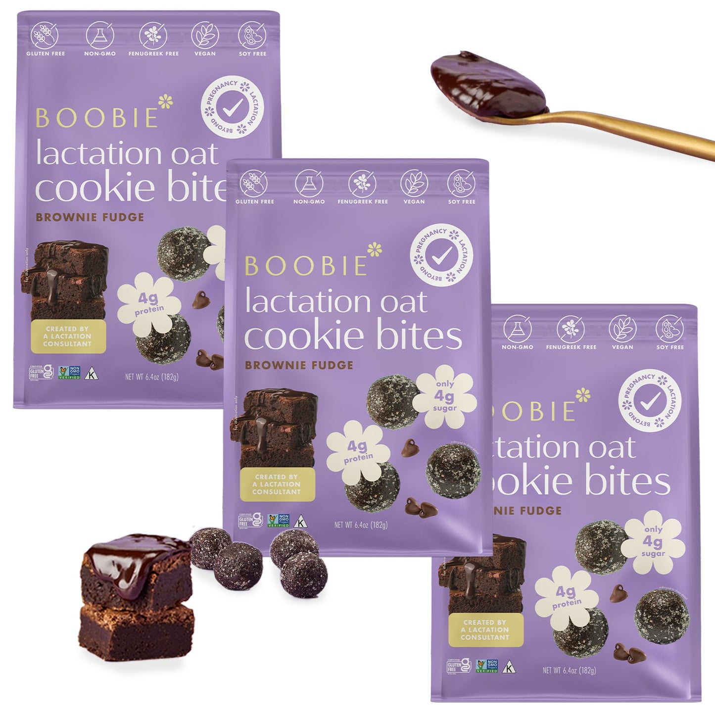 Boobie Lactation Cookies, Brownie Fudge | Vegan, Gluten-Free, Dairy-Free, Soy-Free Plant-Based Protein + Prebiotics | 5g Sugar,