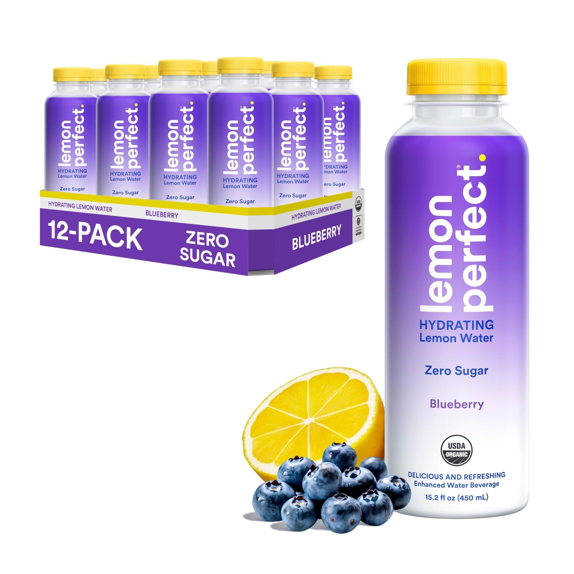 Lemon Perfect Blueberry, Hydrating Flavored Lemon Water, Zero Sugar, Delicious And Refreshing, Organic, 15.2 Fl Oz Bottles (12-Pack)