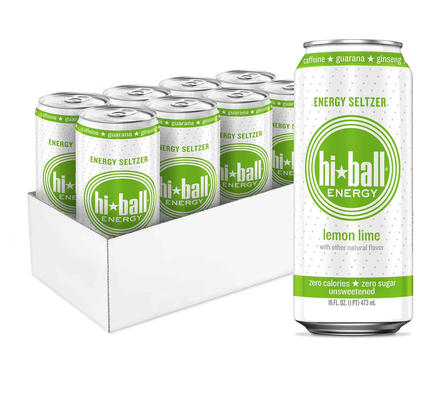 Hiball Clean Energy Drink - Lemon Lime - Zero Sugar  Zero Calorie Sparkling Water with 160mg Organic Caffeine  50mg Organic Ginseng  50mg Organic Guarana - 16 fl oz (8-Pack)