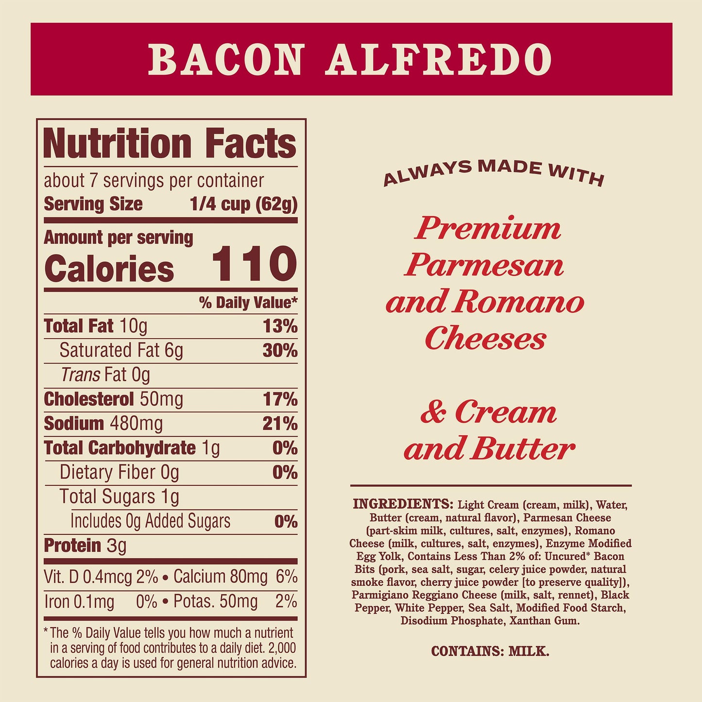 Raos Homemade Bacon Alfredo Sauce  15 oz  Pasta Sauce  enhanced Quality Blend of Parmesan & Romano Cheese  Rich and Creamy  Smoky Bacon