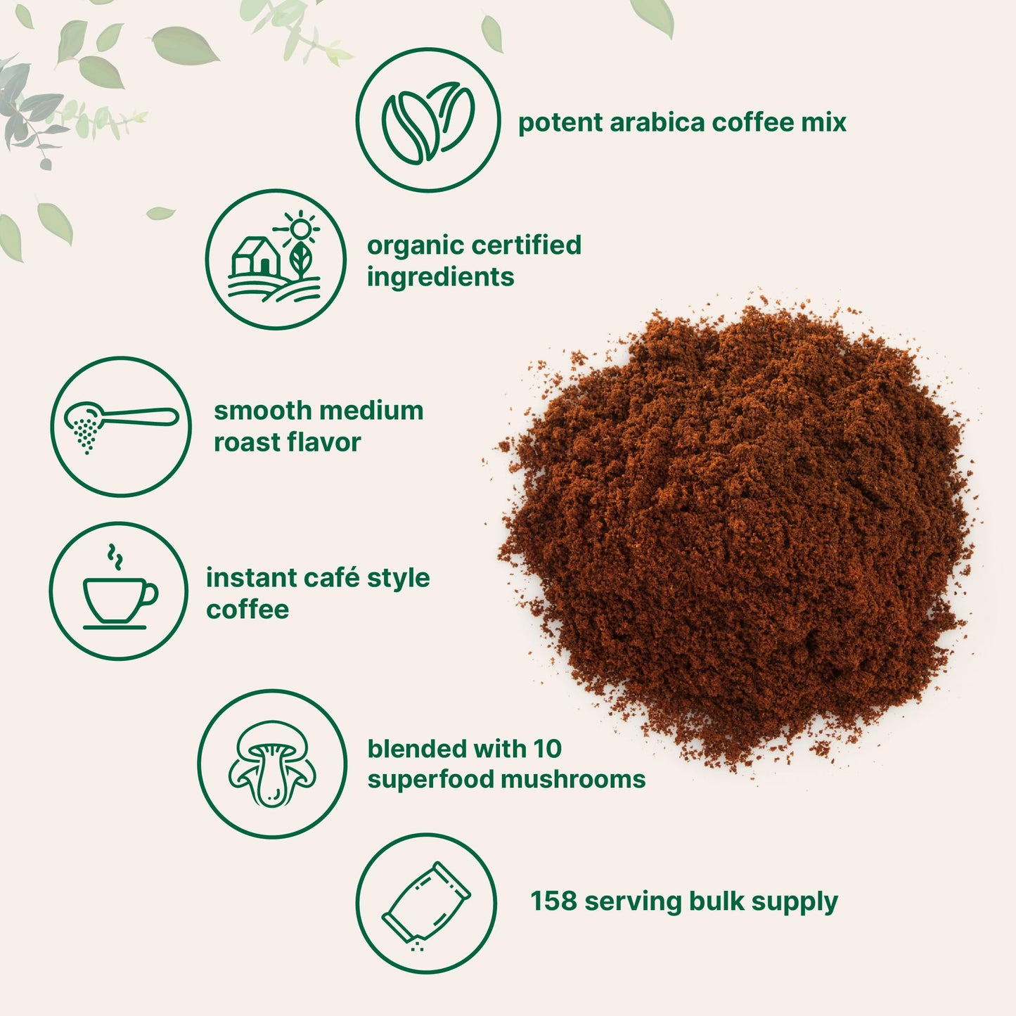 Micro Ingredients Organic Instant Mushroom Coffee Powder, 14 Ounce (158 Servings) - Premium Arabica with Lion’s Mane, Chaga, Reishi