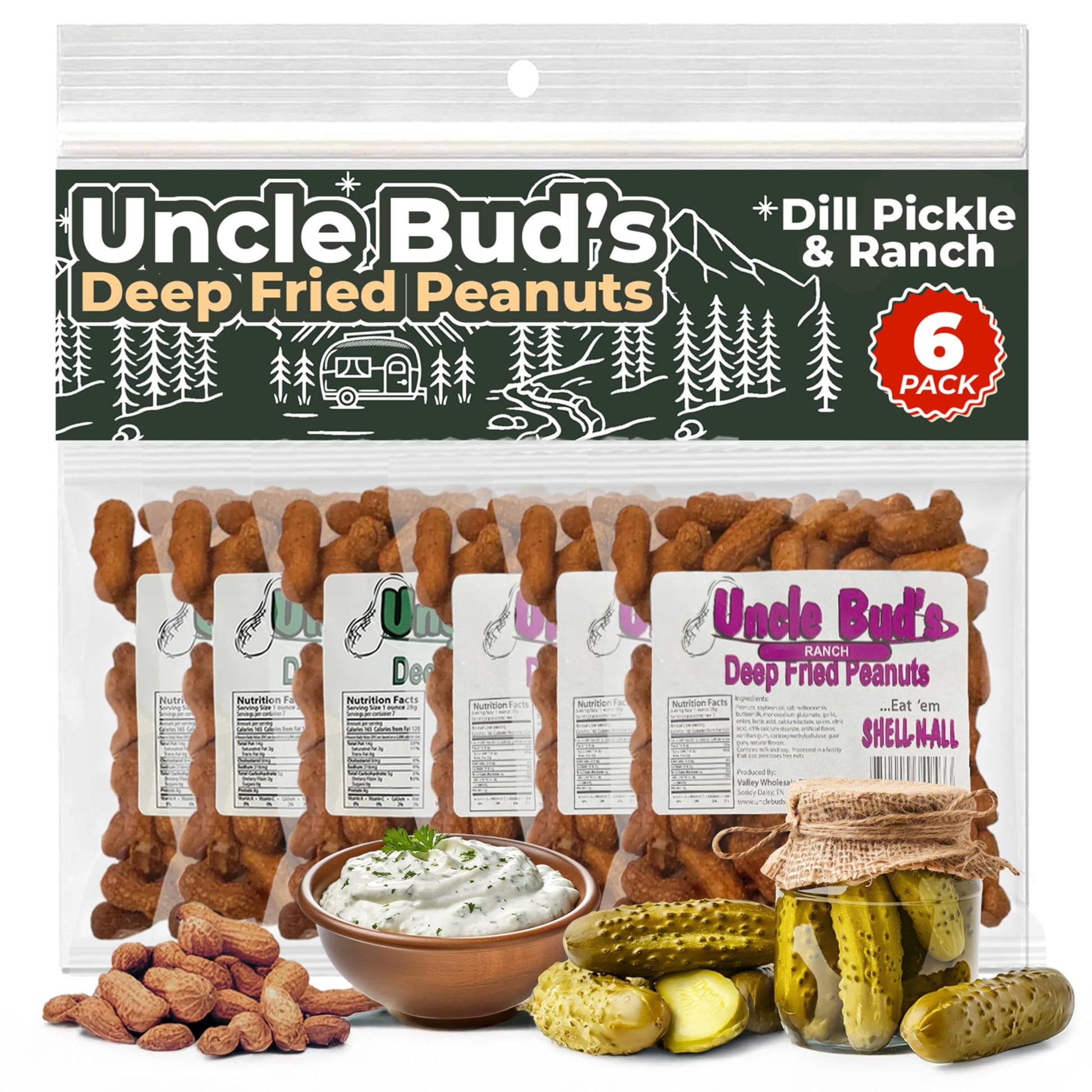 Jerky-n-Spice Uncle Buds Deep Fried Peanuts in Shell - 6 Pack, 3 Dill Pickle & 3 Ranch, Crunchy High-Protein Snacks, 7 inches