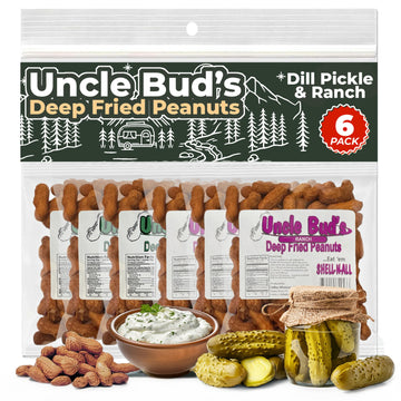 Jerky-n-Spice Uncle Buds Deep Fried Peanuts in Shell - 6 Pack, 3 Dill Pickle & 3 Ranch, Crunchy High-Protein Snacks, 7 inches
