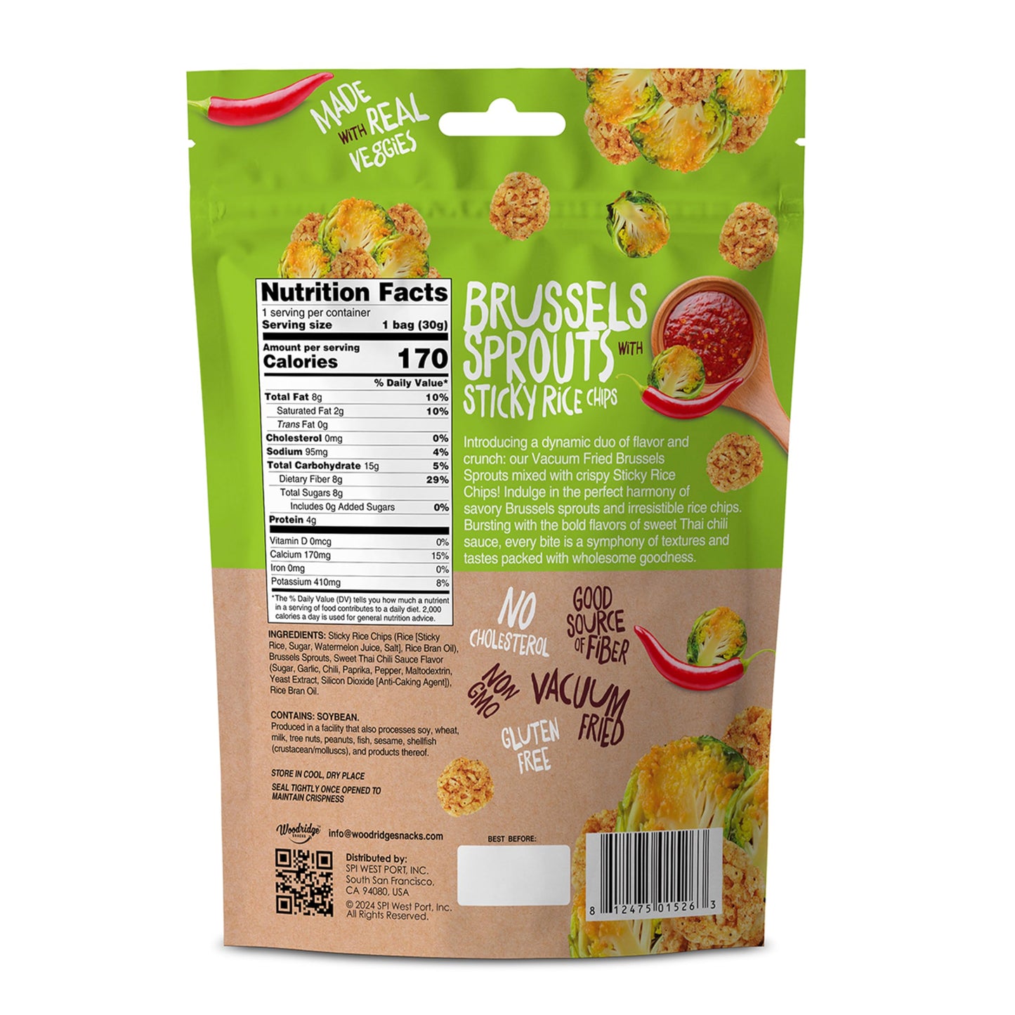 Woodridge Snacks | Vacuum Fried Brussels Sprouts With Sticky Rice Chips | Thai Chili Sauce Flavor | 6 Pack | 1.06 Oz (30G) Bags