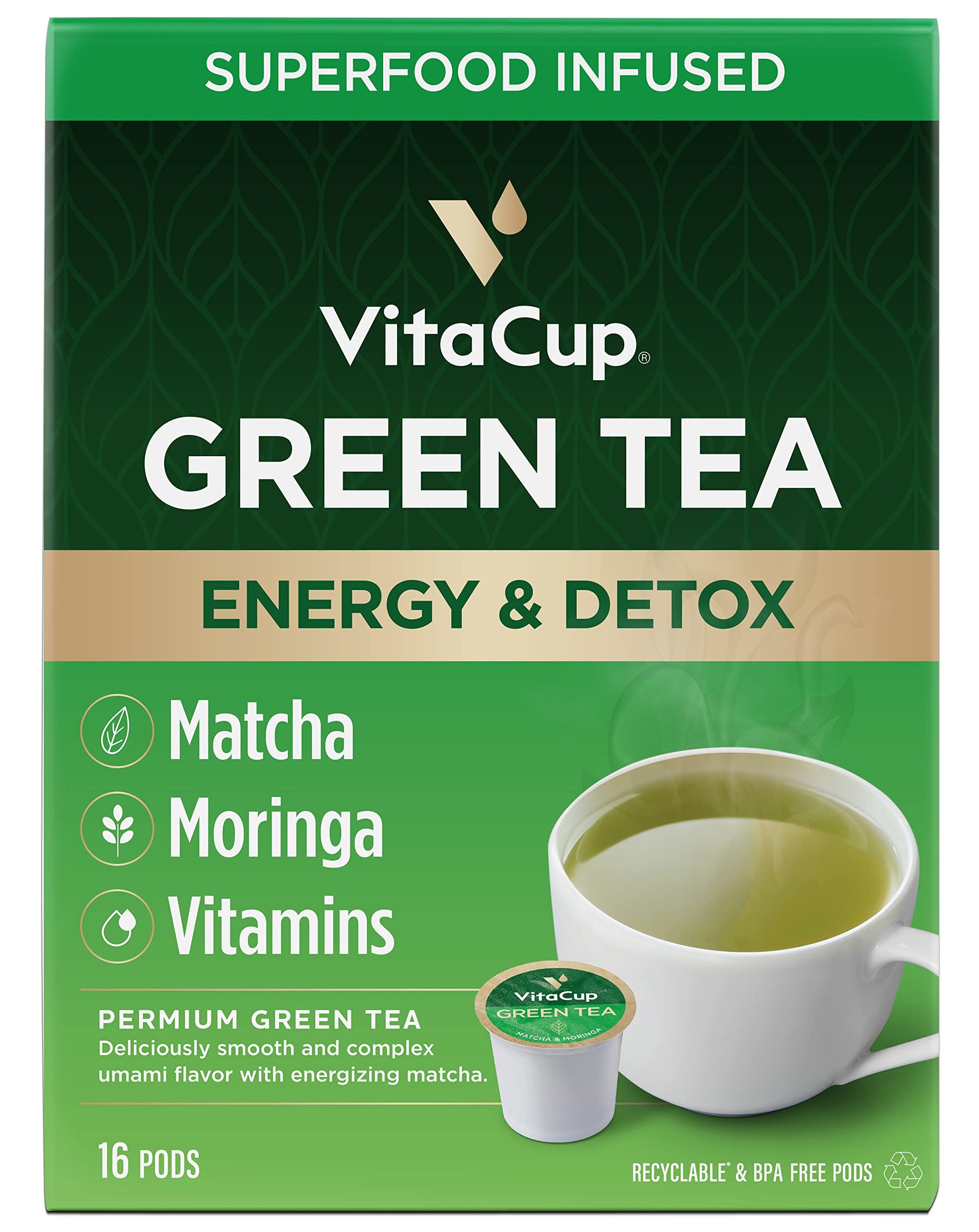 VitaCup Green Tea Pods, Matcha & Moringa, 16 Count, Compatible with Keurig K-Cup Brewers